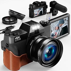 Цифровая камера 4K, фотокамера 56MP с поворотным на 180
градусов 3,0-дюймовым экраном, с широкоугольным + макрообъективом, карта TF 32G, 3,0-дюймовая компактная камера с поворотным на 180 градусов экраном (4K + WiFi + микрофон + кожаный чехол) - Фото 1