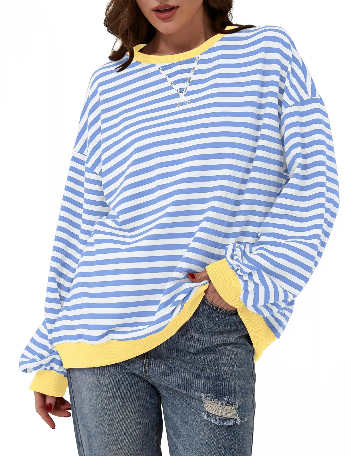 Женская рубашка TERIVEEK Oversized в полоску, колор-блок, с длинными рукавами, круглым вырезом, повседневная, свободного кроя в стиле Y2K, фото №3 Женская рубашка TERIVEEK Oversized в полоску, колор-блок, с длинными рукавами, круглым вырезом, повседневная, свободного кроя в стиле Y2K, фото №3