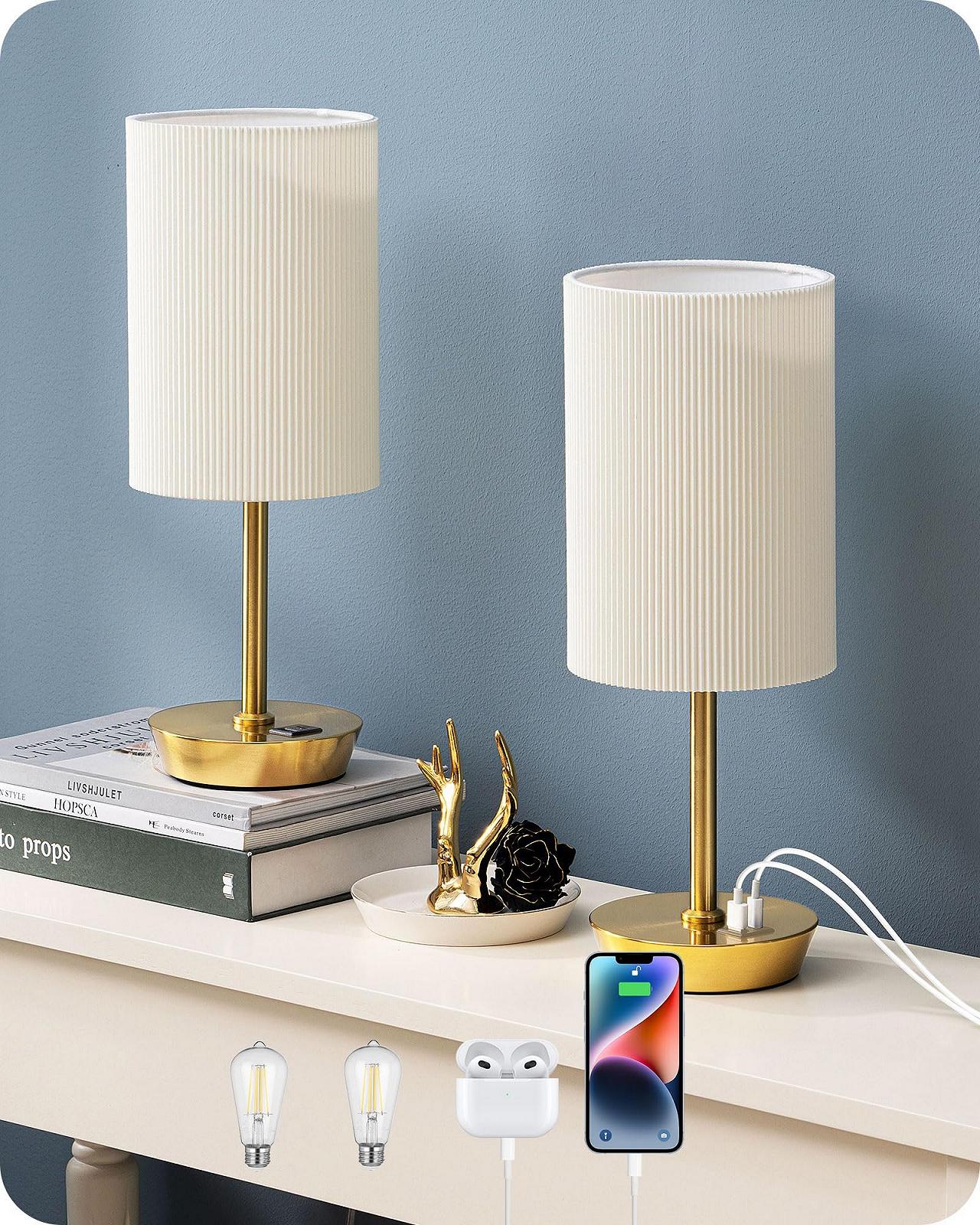 Світлодіодна настільна лампа EDISHINE набір із 2 шт. сенсорна з димером 2 USB золота, фото №1