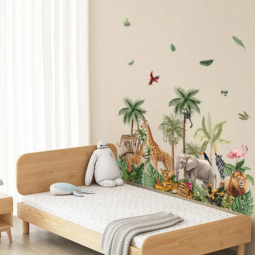 Наклейка на стіну milaosk Animals of the Rainforest Jungle Giraffe Elephant Lion Tiger Leaves велика, фото №5