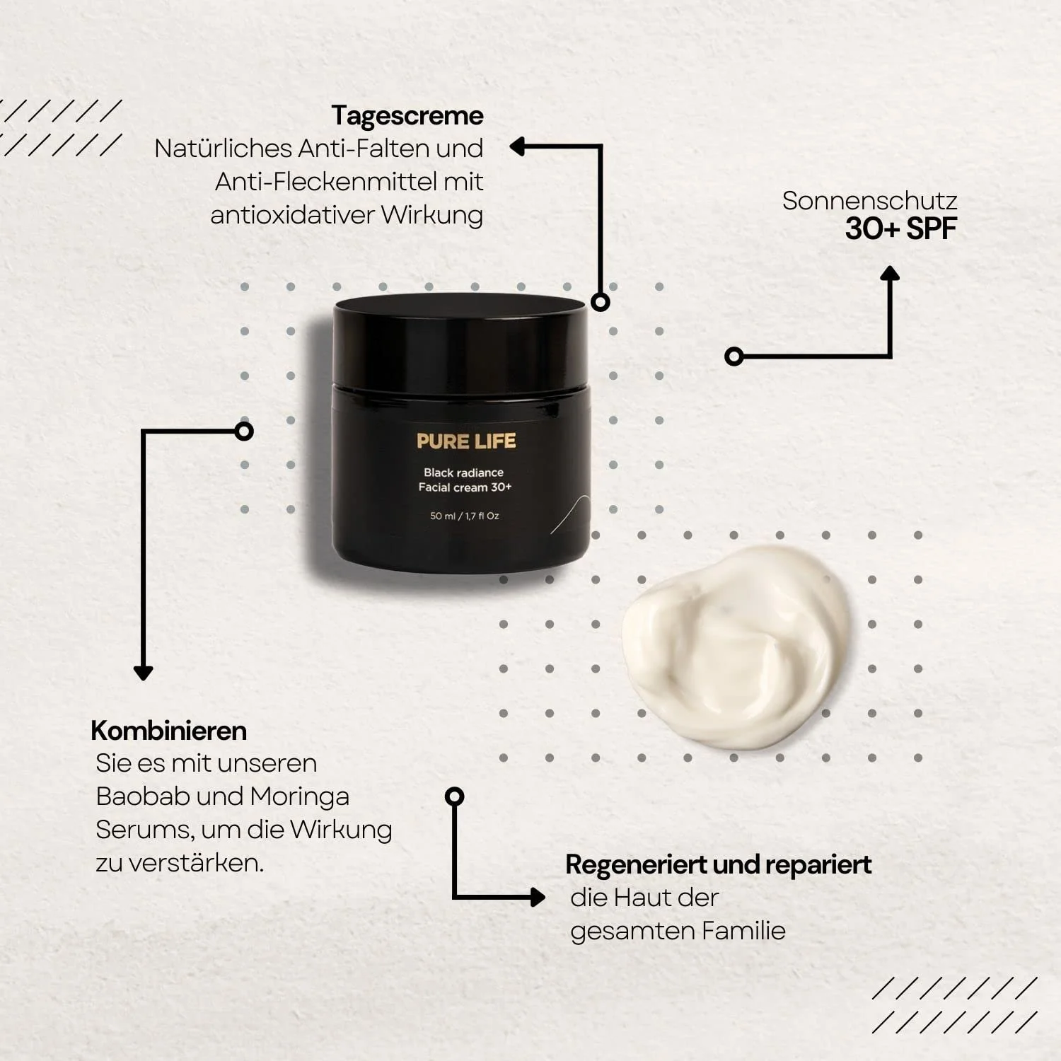 Денний крем AOKlabs Pure Life Black Radiance SPF 30 антивіковий із маслом ши, морингою та баобабом, фото №3 Денний крем AOKlabs Pure Life Black Radiance SPF 30 антивіковий із маслом ши, морингою та баобабом, фото №3