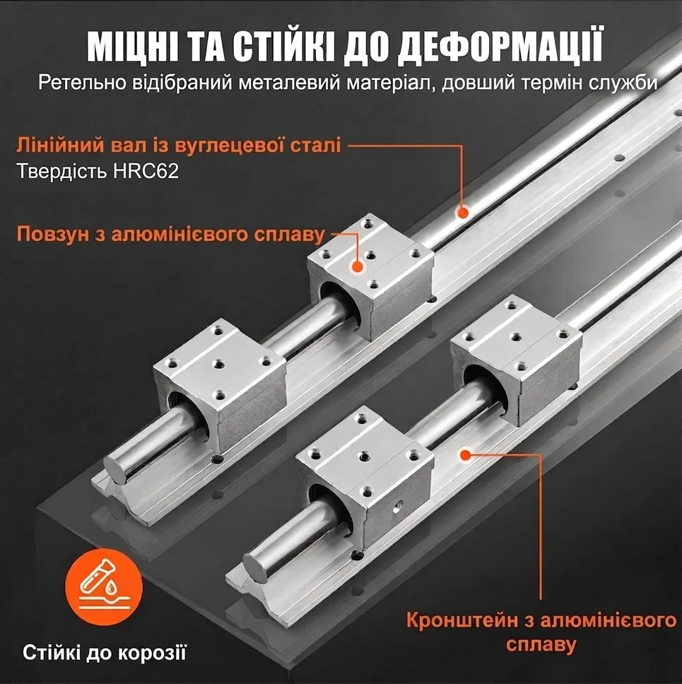 Комплект лінійних напрямних VEVOR SBR20-C / 800 мм / Ø20 мм / Сталь GCR15, фото №3 Комплект лінійних напрямних VEVOR SBR20-C / 800 мм / Ø20 мм / Сталь GCR15, фото №3