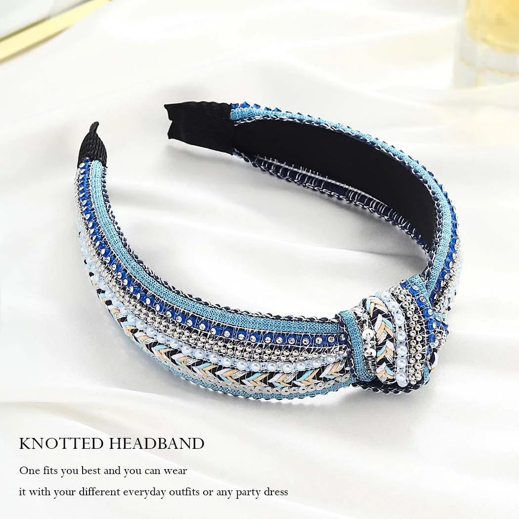 Обруч Zoestar Смугастий з кристалами, вузлом, перлами, в стилі вінтаж, фото №4