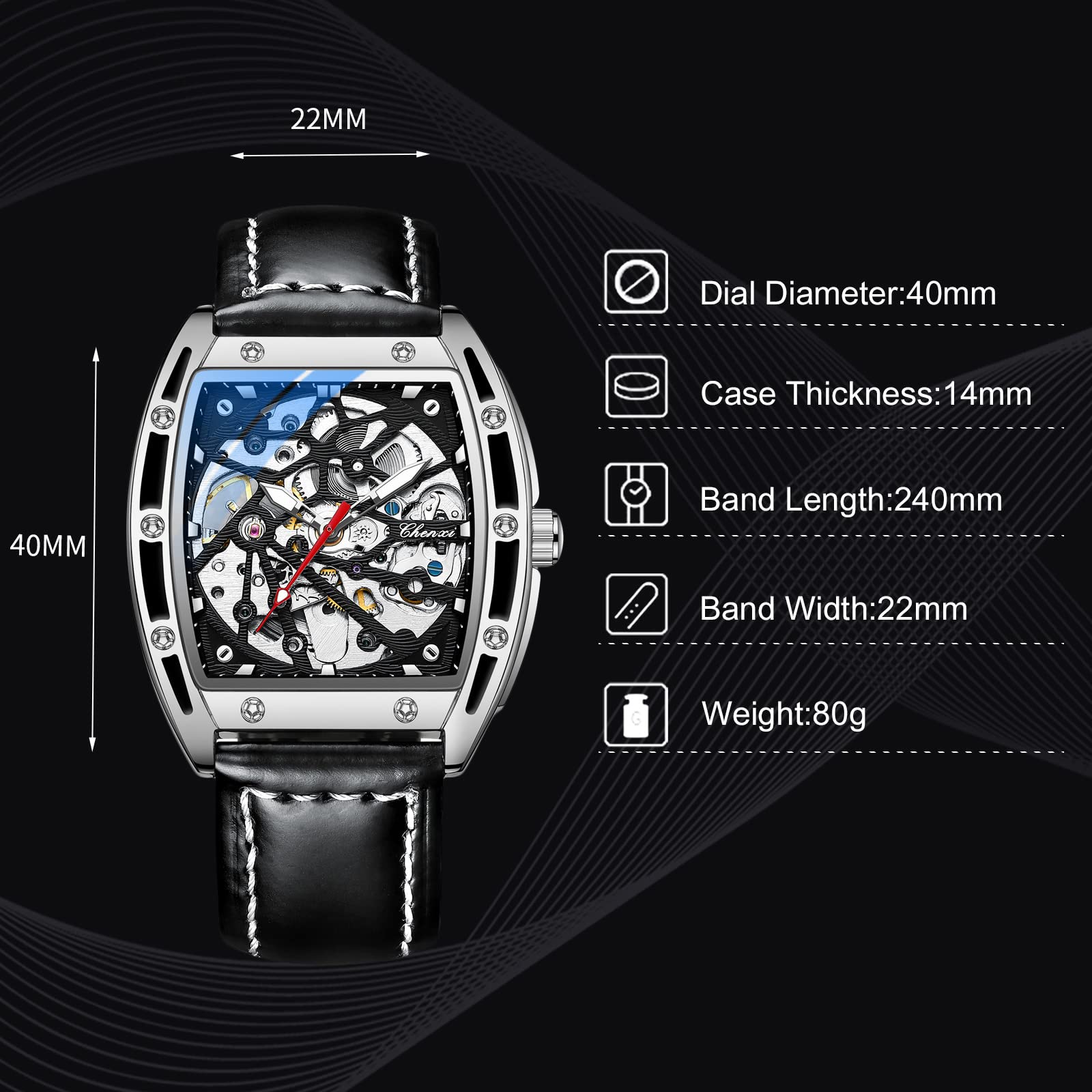 Часы rorios Мужские Автоматические Механические Кожаный Ремешок Бочкообразный Люминесцентный Скелетон Циферблат Наручные Часы, фото №6