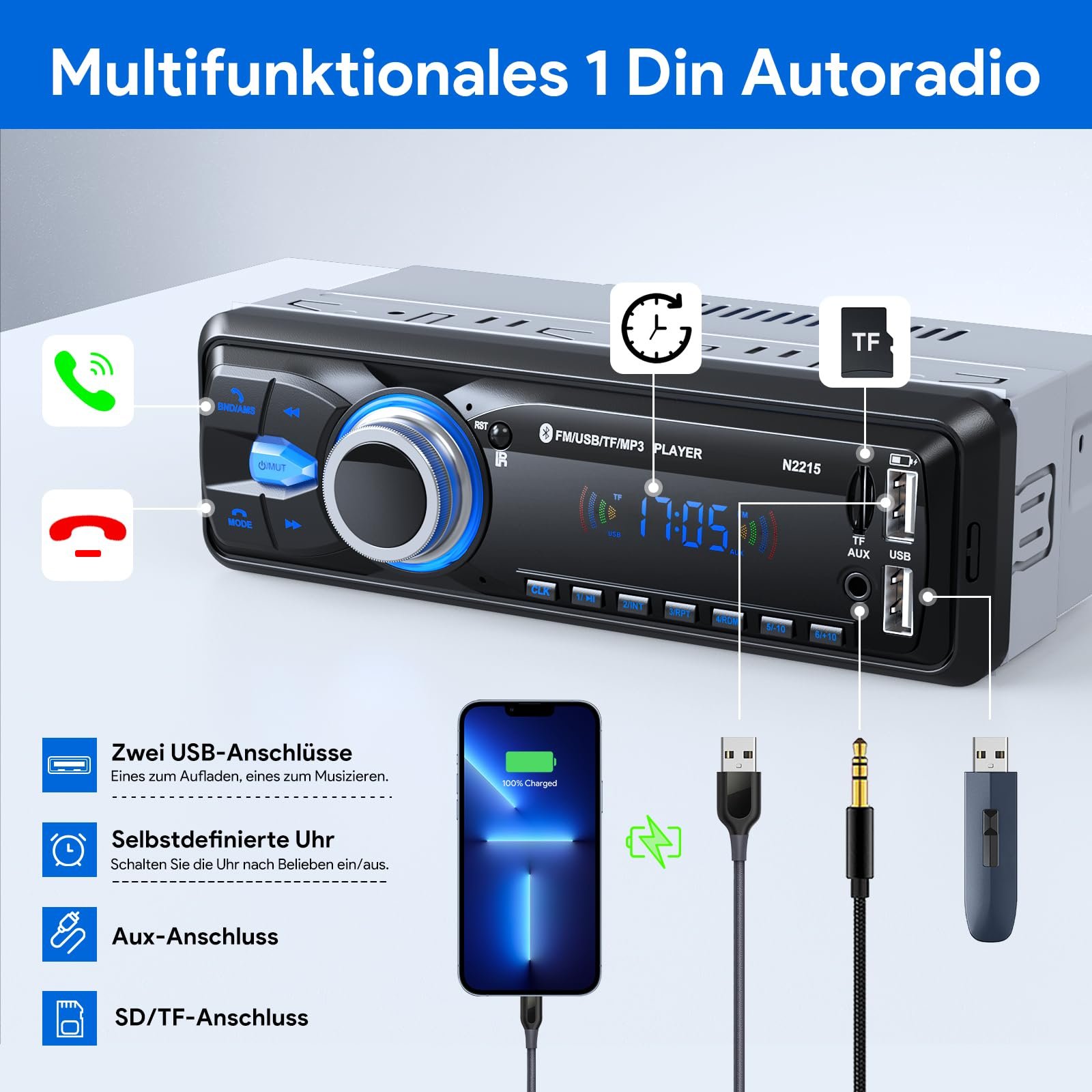 Автомагнітола CENXINY 1Din Bluetooth FM 2USB/AUX/SD Card/MP3 Player з пультом дистанційного керування, фото №5