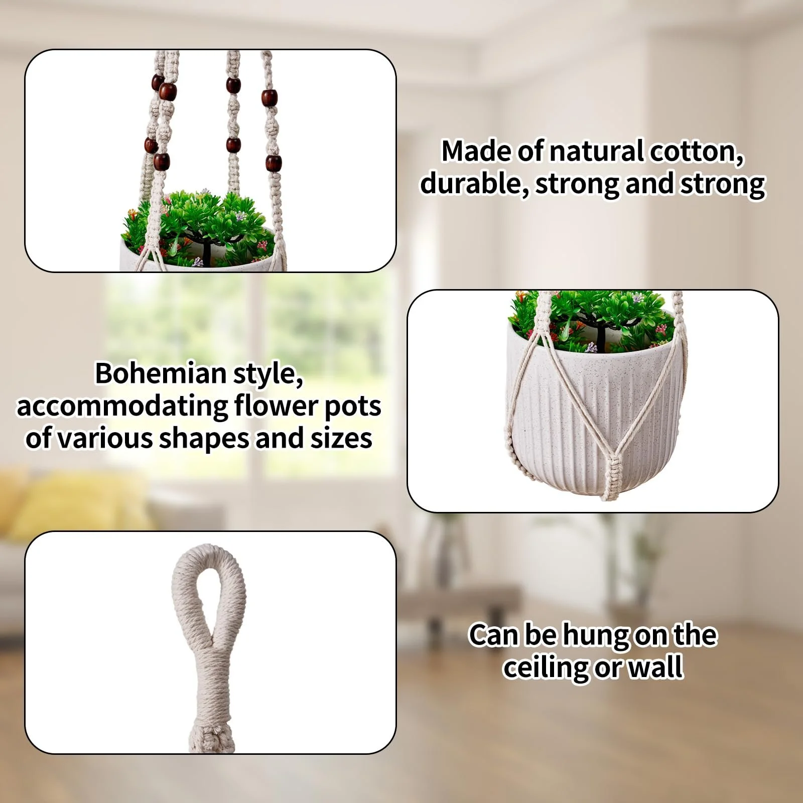 Подвес для растений макраме Набор 3 шт. хлопковый Коричневый, фото №4