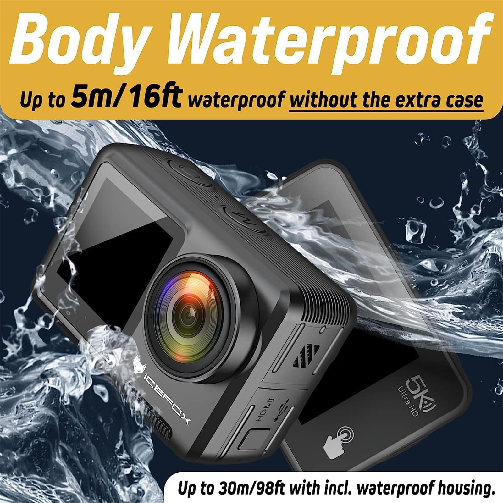 Екшн-камера Icefox 5K 30FPS 20MP з сенсорним екраном, регульованим кутом огляду, 4-кратним зумом, водонепроникністю до 30 м, пультом дистанційного керування, зовнішнім мікрофоном та комплектом аксесуарів, фото №4