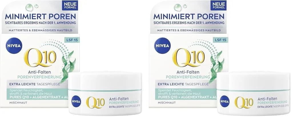 Денний крем NIVEA Q10 Anti-Wrinkle Pore Refining Extra Light зміцнюючий для комбінованої шкіри SPF 15 50 мл (набір з 2 шт.), фото №1 Денний крем NIVEA Q10 Anti-Wrinkle Pore Refining Extra Light зміцнюючий для комбінованої шкіри SPF 15 50 мл (набір з 2 шт.), фото №1