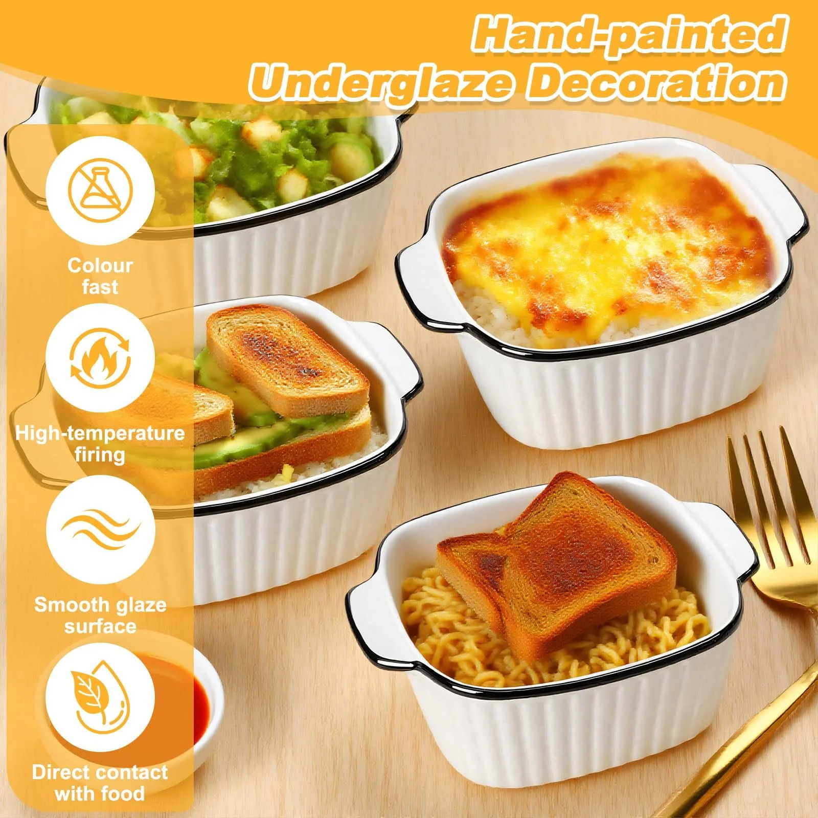 Набор мини-форм для запекания керамические 4 штуки квадратные с ручками штабелируемые белые, фото №2 Набор мини-форм для запекания керамические 4 штуки квадратные с ручками штабелируемые белые, фото №2