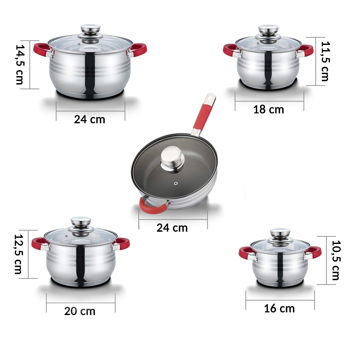 Набір каструль Fiora Induction Non-Stick Stainless Steel Rustproof Interior Scale 10 штук Червоний, фото №2