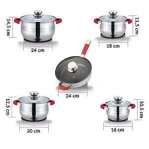Набір каструль Fiora Induction Non-Stick Stainless Steel Rustproof Interior Scale 10 штук Червоний synthetic.ua - Фото 1