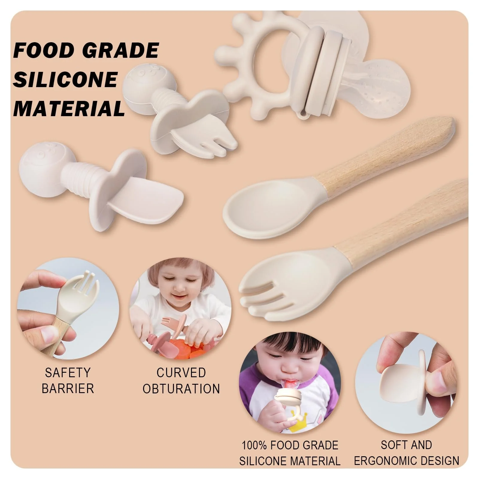 Набор детской посуды Dazhtu 10 предметов: силиконовая детская тарелка, нескользящая с присоской, миска, слюнявчик, ложка, вилка, поильник, фруктовый набор, бежевый, фото №4 Набор детской посуды Dazhtu 10 предметов: силиконовая детская тарелка, нескользящая с присоской, миска, слюнявчик, ложка, вилка, поильник, фруктовый набор, бежевый, фото №4
