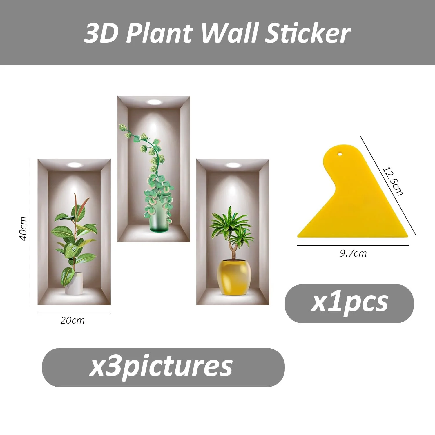 Наклейки на стіну 3D Рослини в горщиках 3 штуки зі скребком 20 x 40 см, фото №2