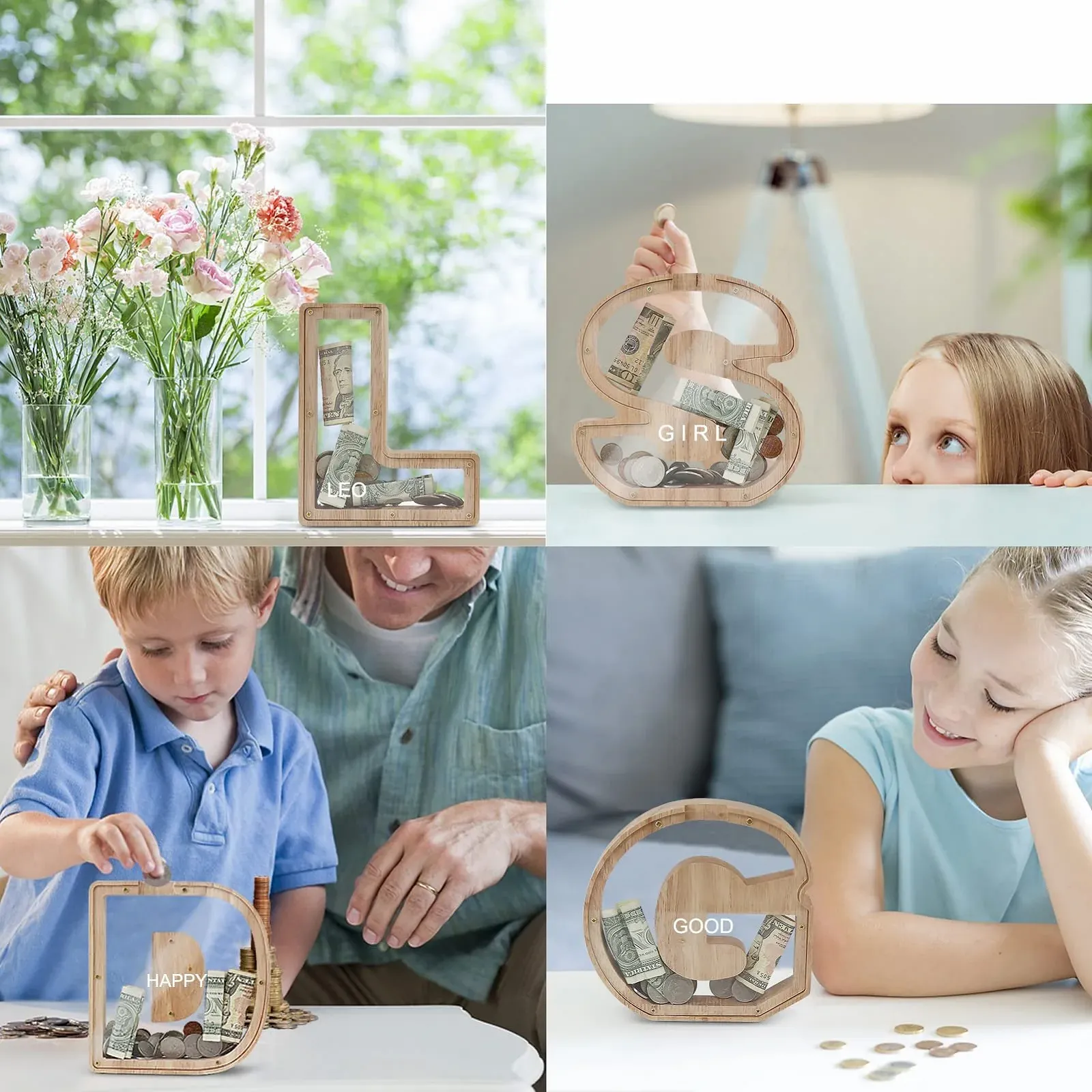 Скарбничка дерев'яна у формі літери M з прозорим вікном, фото №7