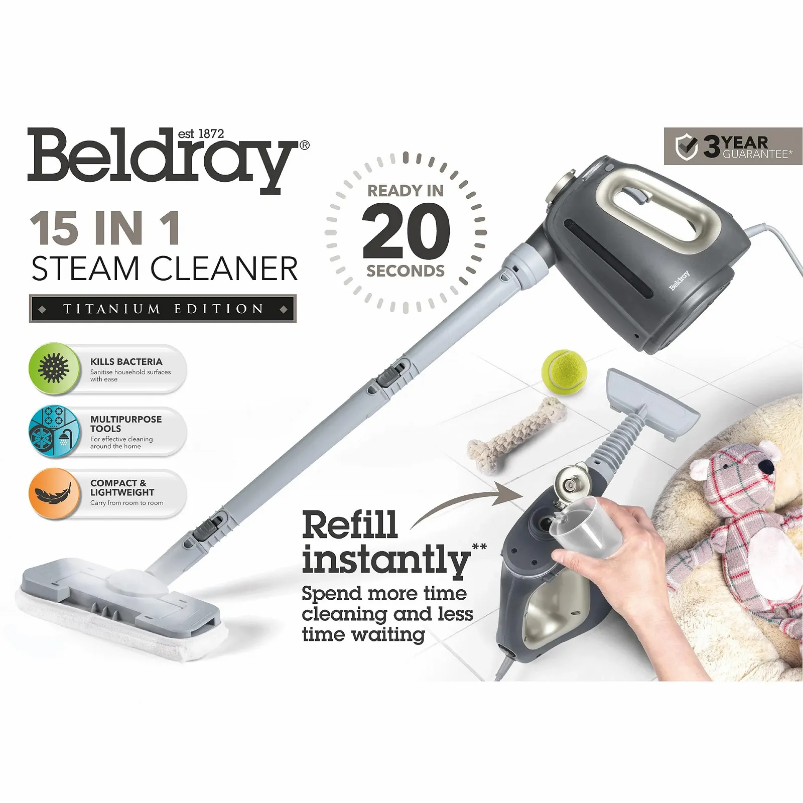 Пароочисник Beldray 15-в-1, безхімічне очищення, готовий до використання за 20 секунд, резервуар для води 550 мл, 1350 Вт, фото №3 Пароочисник Beldray 15-в-1, безхімічне очищення, готовий до використання за 20 секунд, резервуар для води 550 мл, 1350 Вт, фото №3