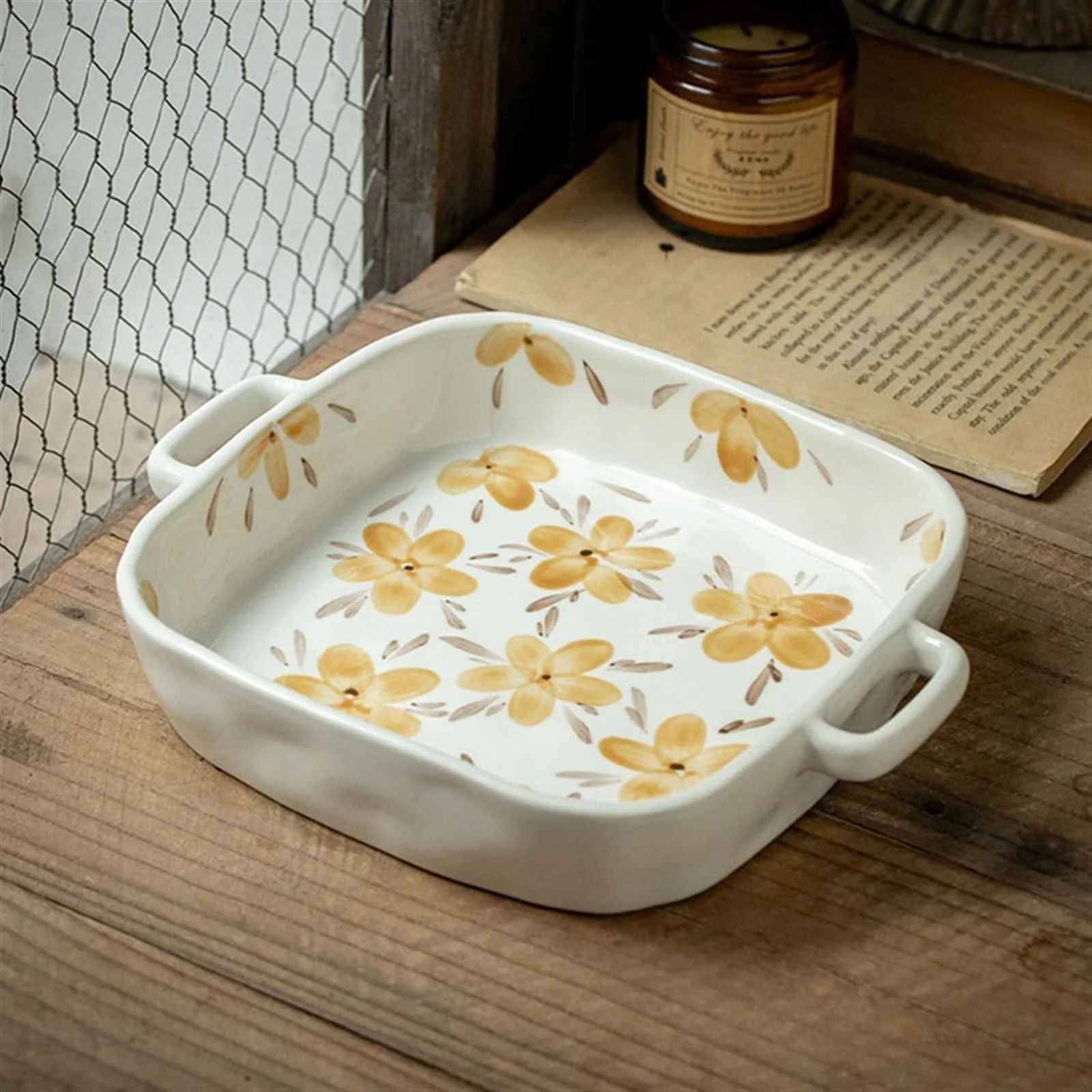 Форма для запекания керамическая квадратная с цветочным росписью, фото №5