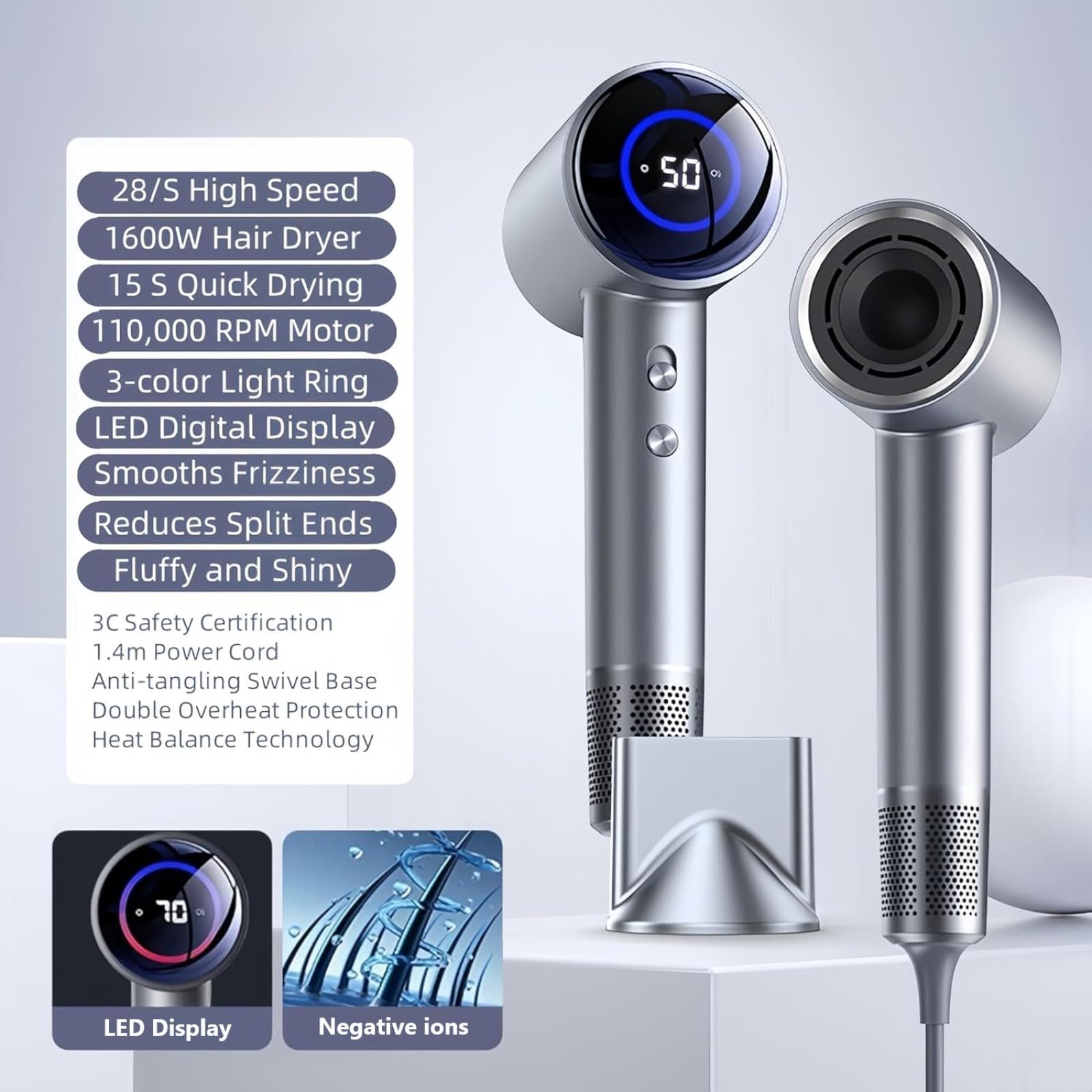 Фен flintronic 1600 Вт Ионный, HD-дисплей, сенсорный экран, 2 скорости, 4 режима нагрева, фото №5
