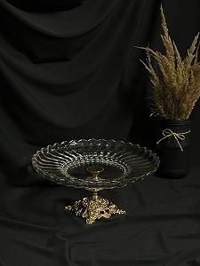 Блюдо скляне, цукерниця, фруктовниця на золотій ніжці, тортовниця 30х30 см . - Фото 1