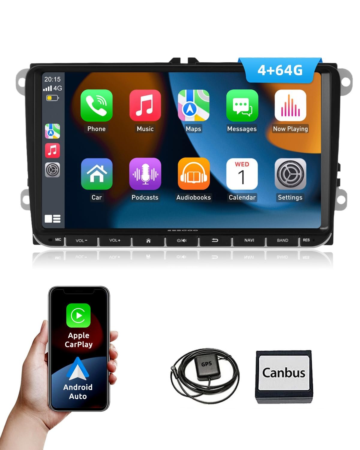 Автомагнітола Essgoo для VW Golf 5 6 Touran B6 EOS Tiguan Polo 4+64G Carplay 9 дюймів Android 14 Бездротова, Bluetooth, GPS, RDS, навігація, Mirror Link, FM, SWC, фото №1