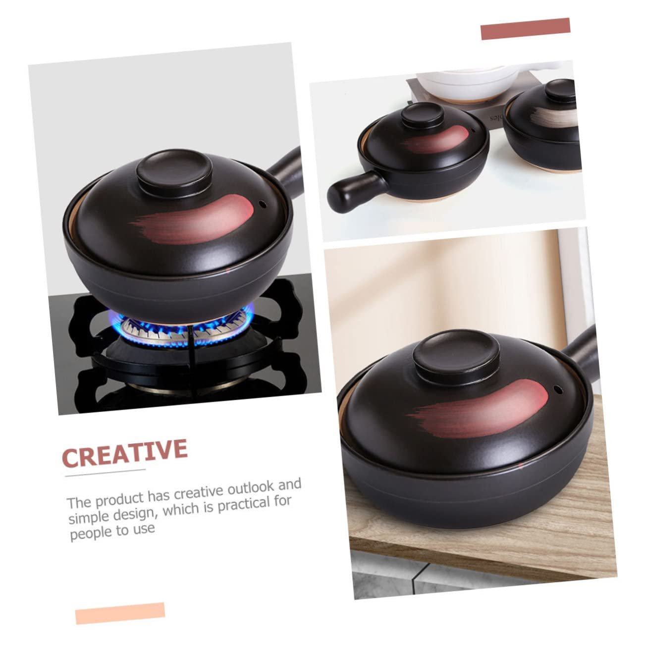 Кастрюля для тушения для газовой плиты с переносной ручкой антипригарная Черный Красный Маленькая, фото №3