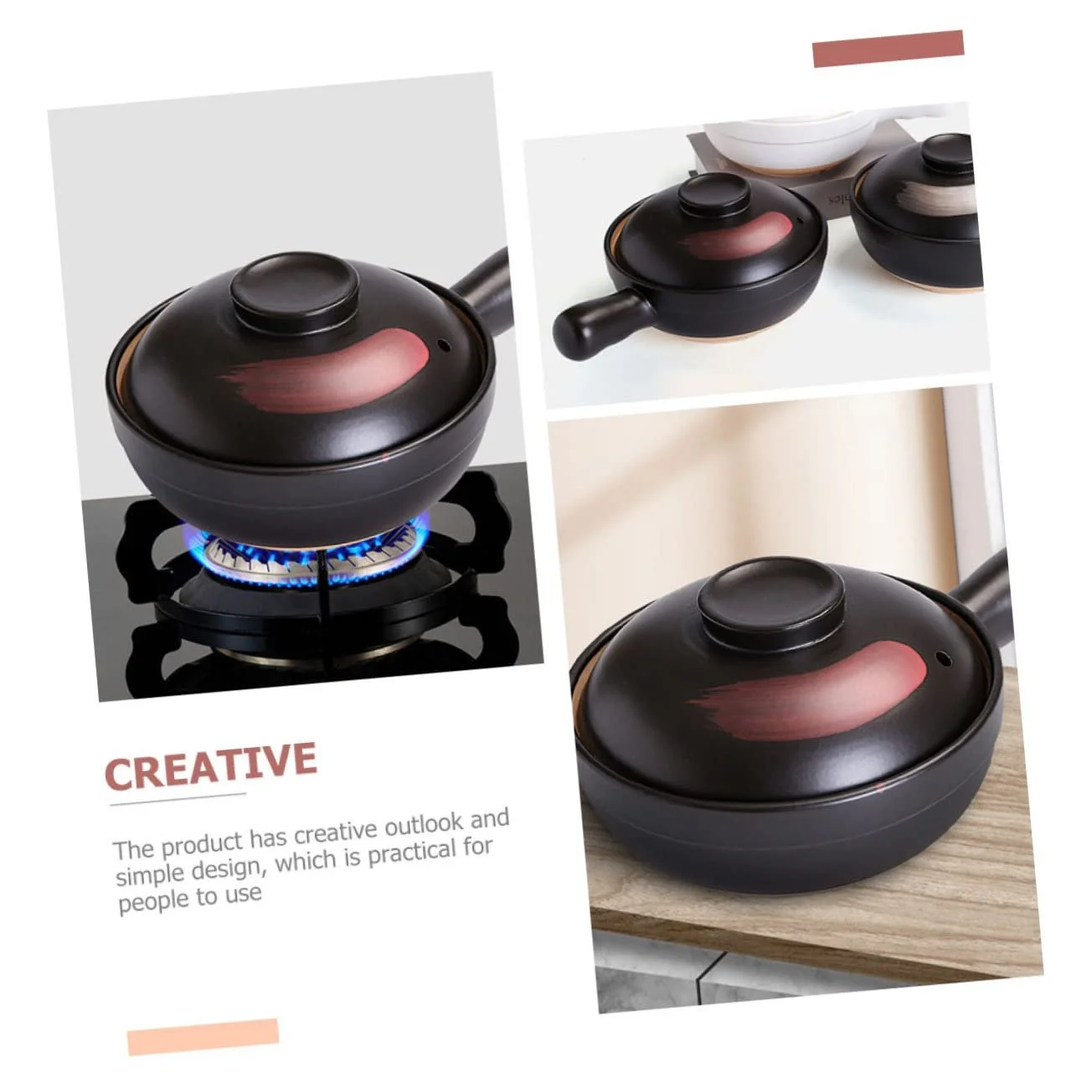 Кастрюля для тушения для газовой плиты с переносной ручкой антипригарная Черный Красный Маленькая, фото №3