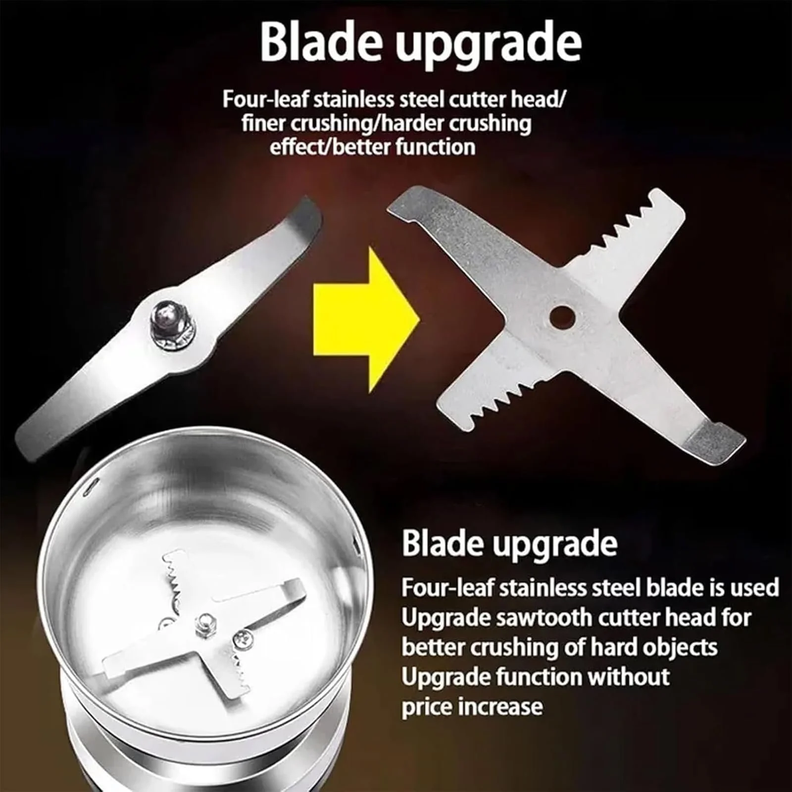 Электрическая зерновая мельница, мельница для специй, высокоскоростная мельница для сухого помола, нержавеющая сталь, конструкция с четырьмя лезвиями, для трав, орехов, злаков, кукурузы, муки, специй и таблеток, фото №2