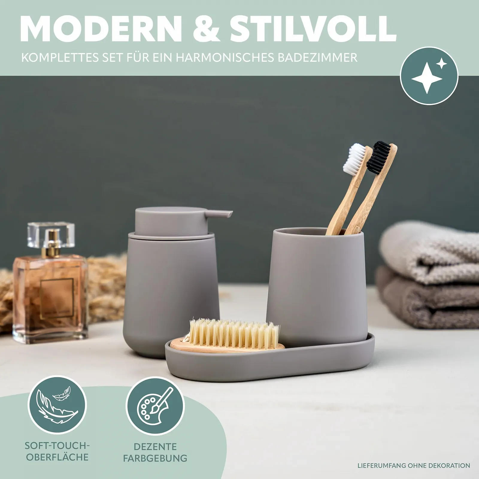 Набор для ванной комнаты Eluno Tesero, 3 предмета дозатор для мыла, стакан и мыльница, пластик, Taupe, фото №2