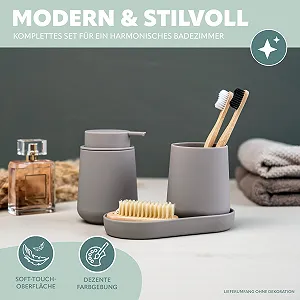 Набор для ванной комнаты Eluno Tesero, 3 предмета дозатор для мыла, стакан и мыльница, пластик, Taupe цена на synthetic.ua - Фото 1 Набор для ванной комнаты Eluno Tesero, 3 предмета дозатор для мыла, стакан и мыльница, пластик, Taupe synthetic.ua - Фото 1