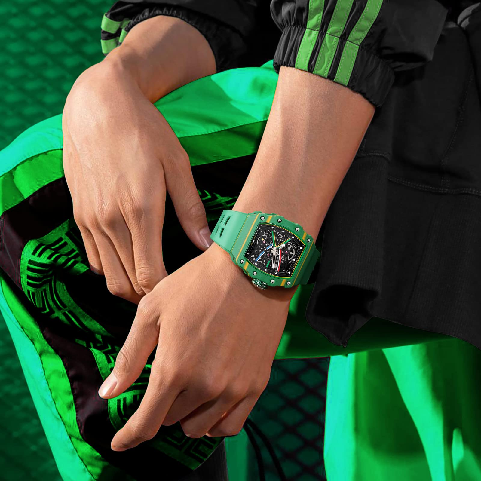 Часы FEICE Men's Automatic Skeleton Fluorine Rubber Waterproof Green Modern, фото №5