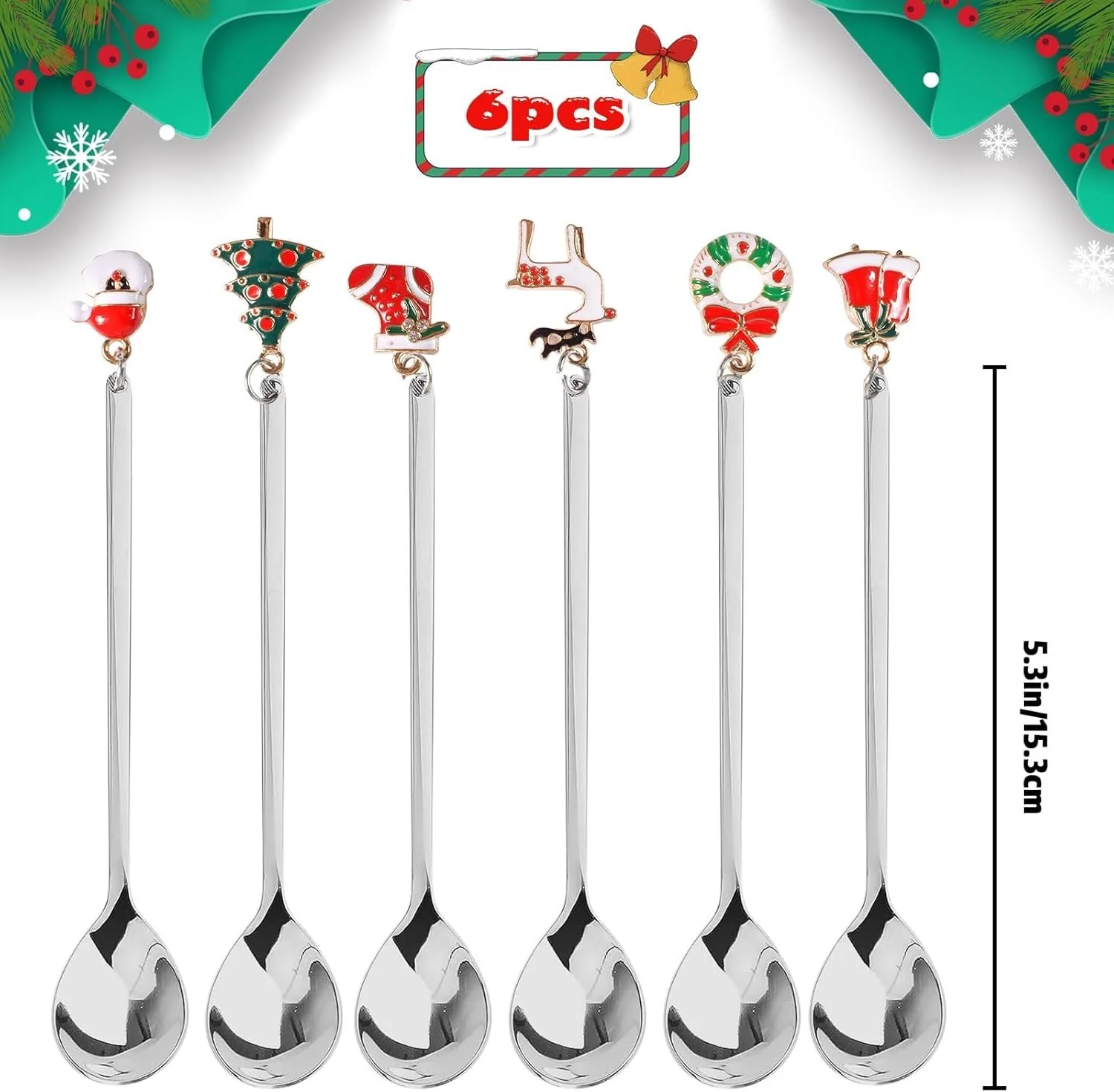 Набор из 6 рождественских ложек, маленькие бытовые ложки, десертные ложки, рождественские кофейные ложки, маленькие ложки, набор столовых приборов из нержавеющей стали, для чая, супа, подарочная упаковка, фото №2