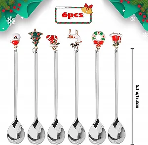 Набор из 6 рождественских ложек, маленькие бытовые ложки, десертные ложки, рождественские кофейные ложки, маленькие ложки, набор столовых приборов из нержавеющей стали, для чая, супа, подарочная упаковка synthetic.ua - Фото 1