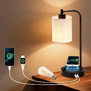 Настільна лампа Hestia Nest LED Бездротова зарядка USB-C+A Димована Льняний абажур - Фото 1