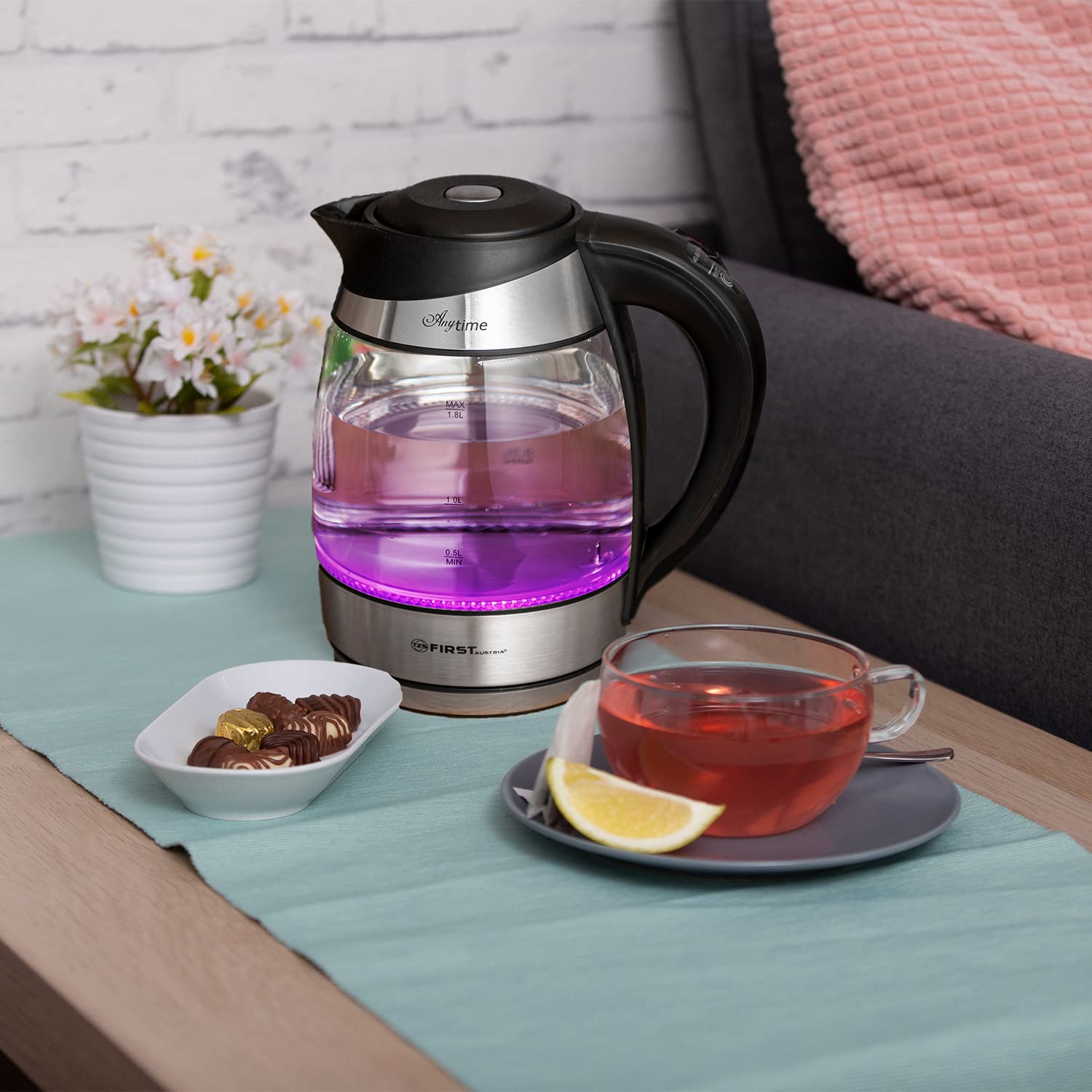 Електрочайник TZS First Austria 1.8 L з нержавіючої сталі Скляний з ситом для чаю та фільтром від накипу З LED підсвіткою Чорний, фото №2
