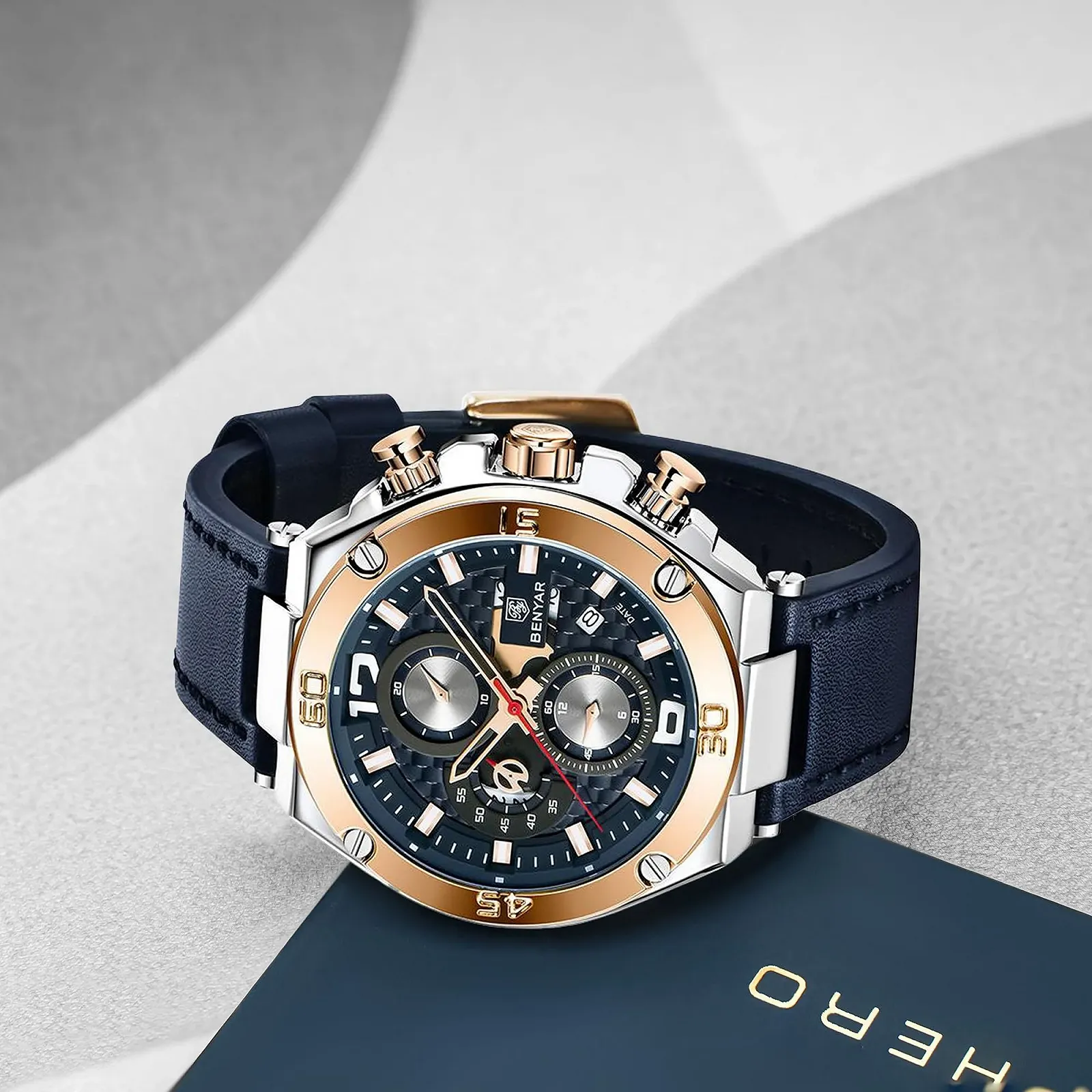 Часы BENYAR Мужские Часы Хронограф Мужские Золотой/Серебряный/Синий/Черный Кожаный Ремешок/Нержавеющая Сталь Кварц, фото №5 Часы BENYAR Мужские Часы Хронограф Мужские Золотой/Серебряный/Синий/Черный Кожаный Ремешок/Нержавеющая Сталь Кварц, фото №5