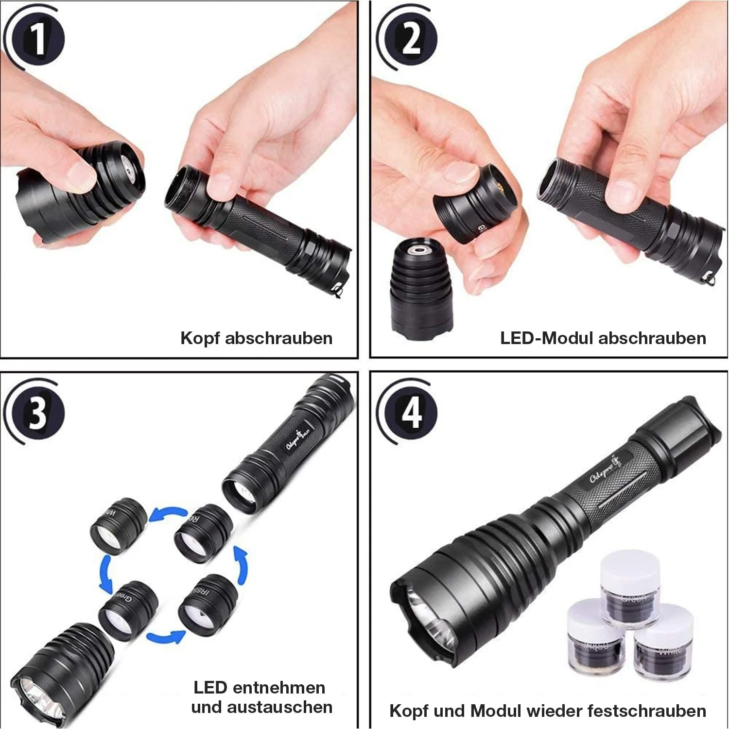 Світлодіодний ліхтар Odepro KL41 Plus, надзвичайно яскравий, 2 акумуляторні батареї, з червоним, зеленим, IR850, білим світлом, 384 м дальність світла IP68 з дистанційним перемикачем для активного відпочинку, кемпінгу, піших прогулянок, надзвичайних ситуацій, фото №8