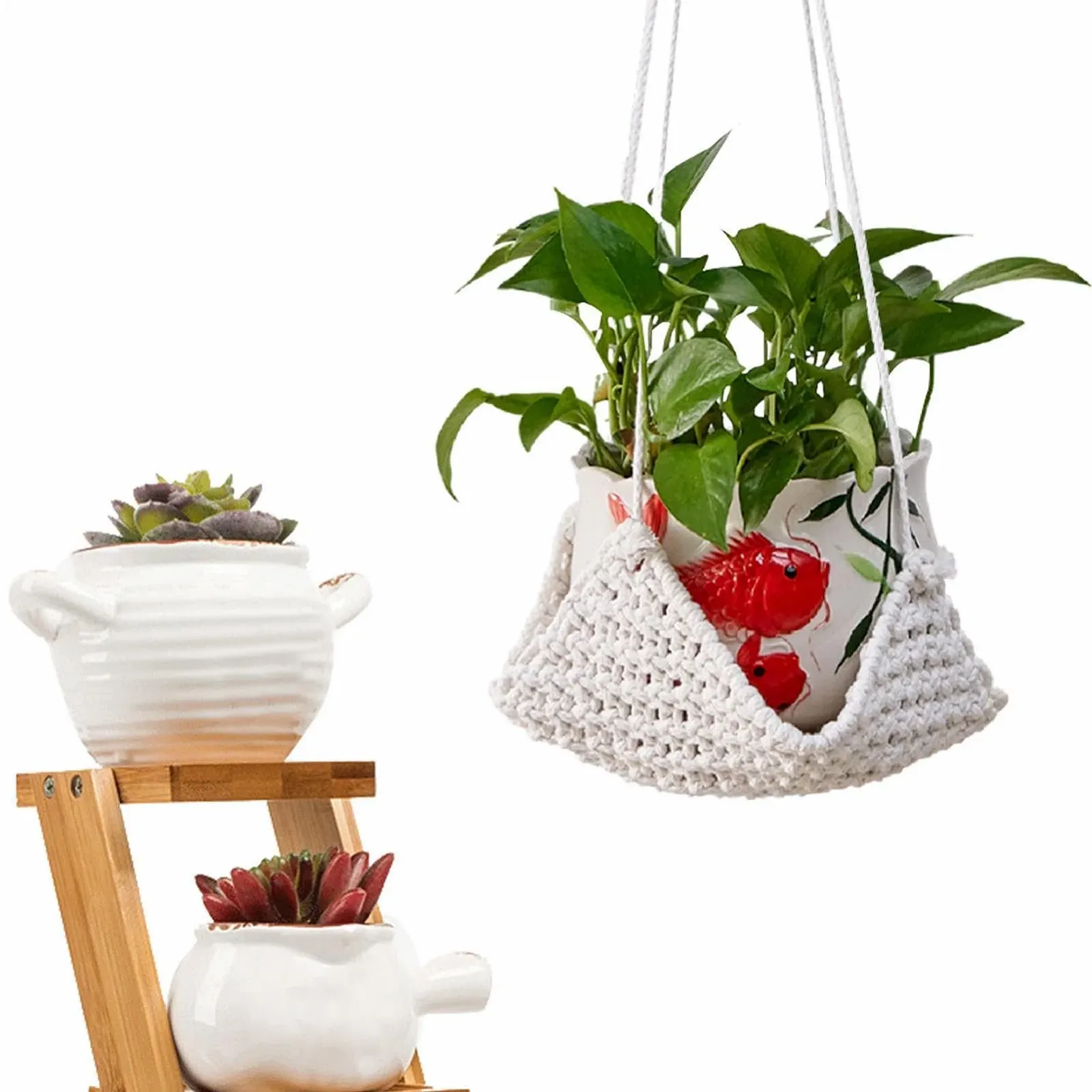 Подвесное кашпо Indoor Plant Hanger Hand Woven Boho макраме с квадратным основанием, плетеное, фото №8