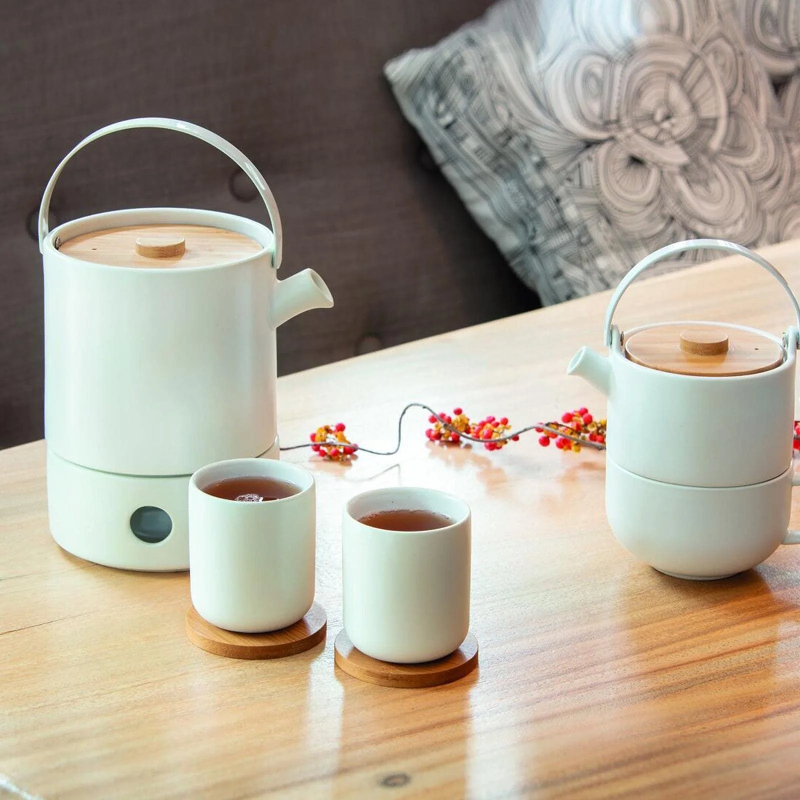 Чайний набір Bredemeijer Білий керамічний глечик 1,2 літра, фільтр-сито для розсипного чаю, підігрівач та 2 кам'яні чайні чашки, фото №8