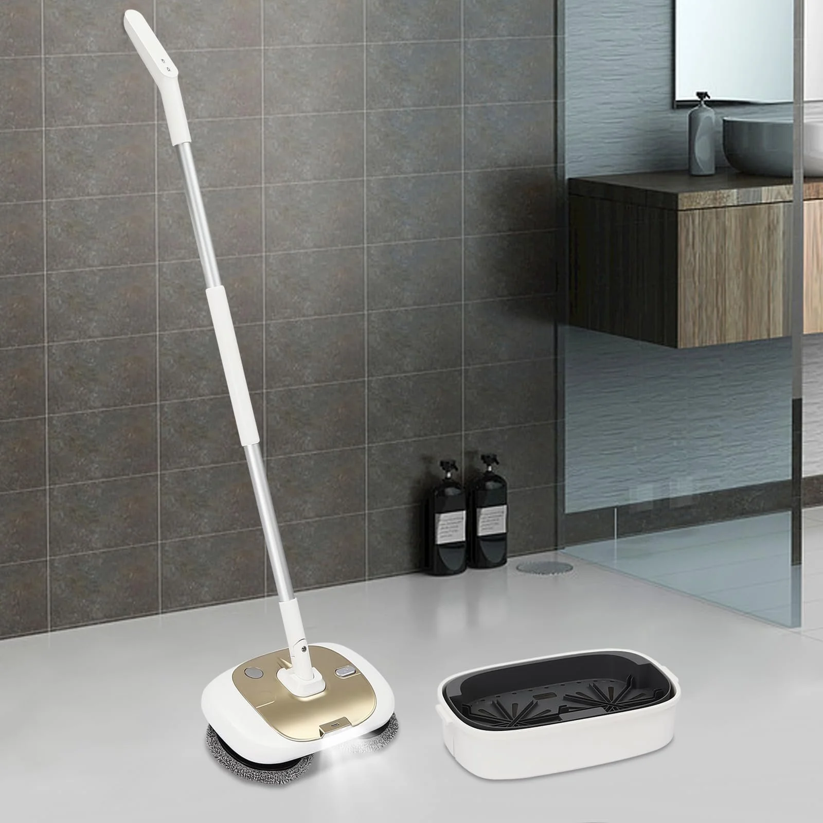 Електрична швабра бездротова акумуляторна вібраційна з LED-підсвічуванням 400 мл Gold, фото №2