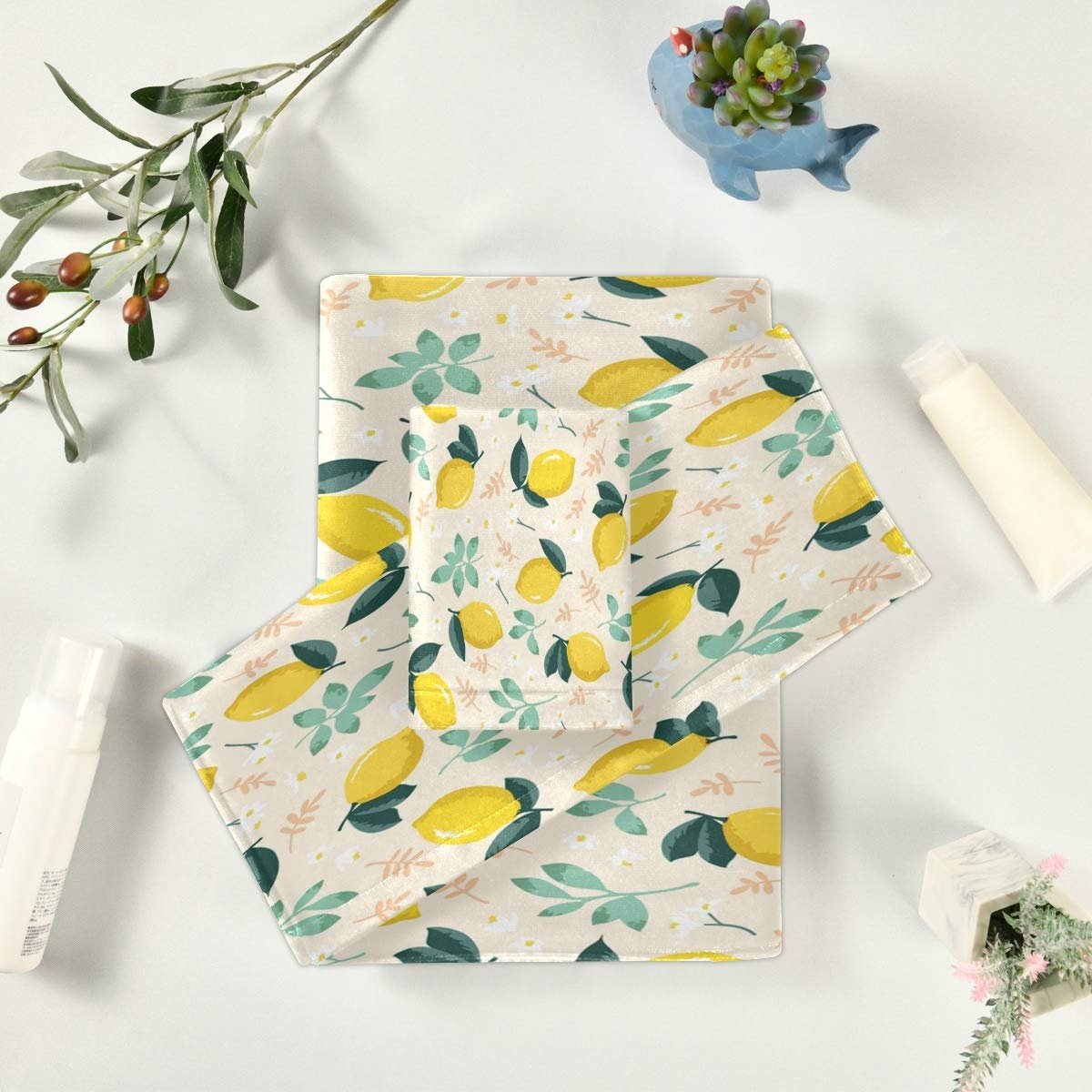 Набір рушників BEUSS 100% бавовна (1 банний рушник, 1 рушник для рук, 1 серветка для вмивання) високопоглинаючі Жовті лимони та апельсини, фото №6