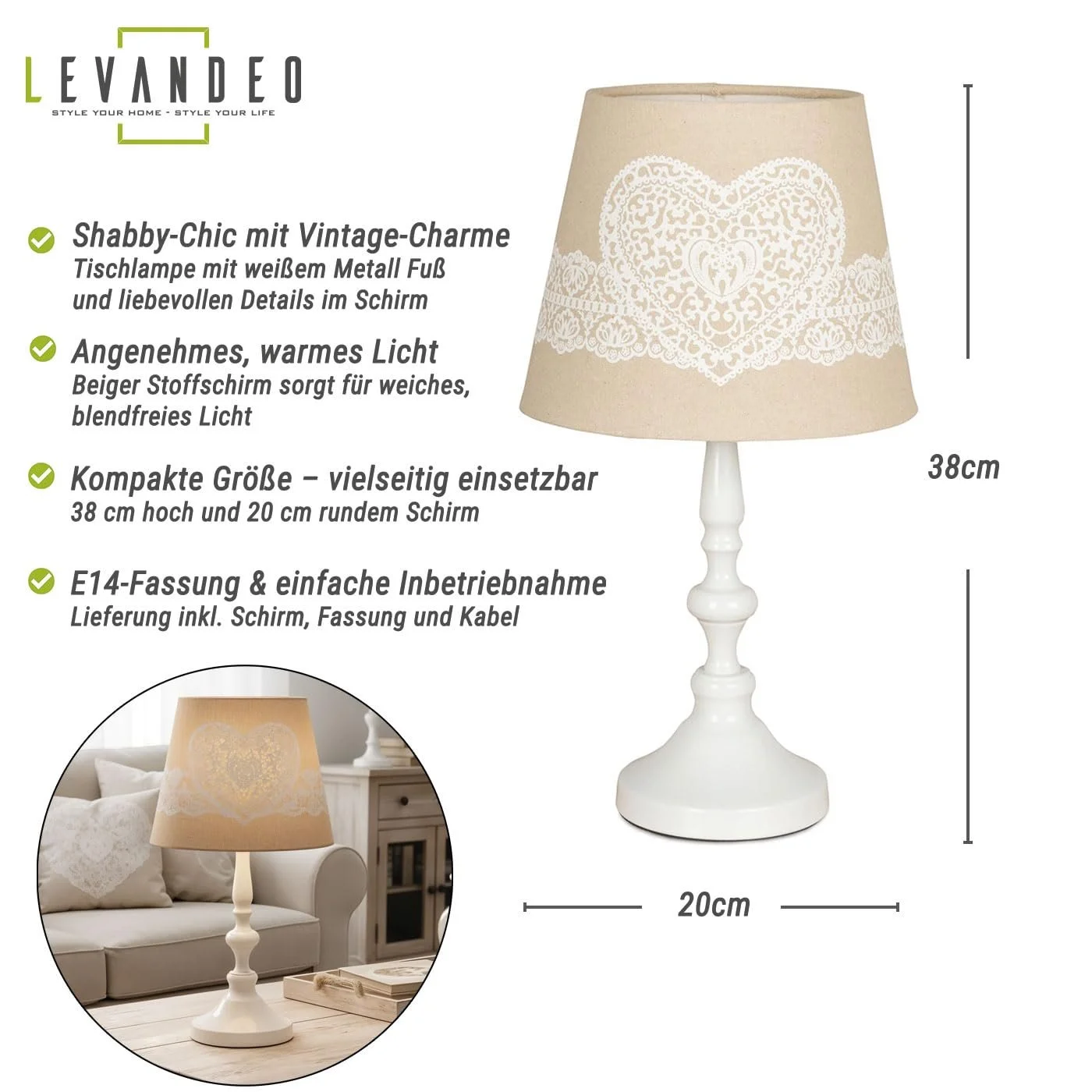 Настільна лампа Levandeo 38 см Метал Біла Бежева Кремова, фото №2