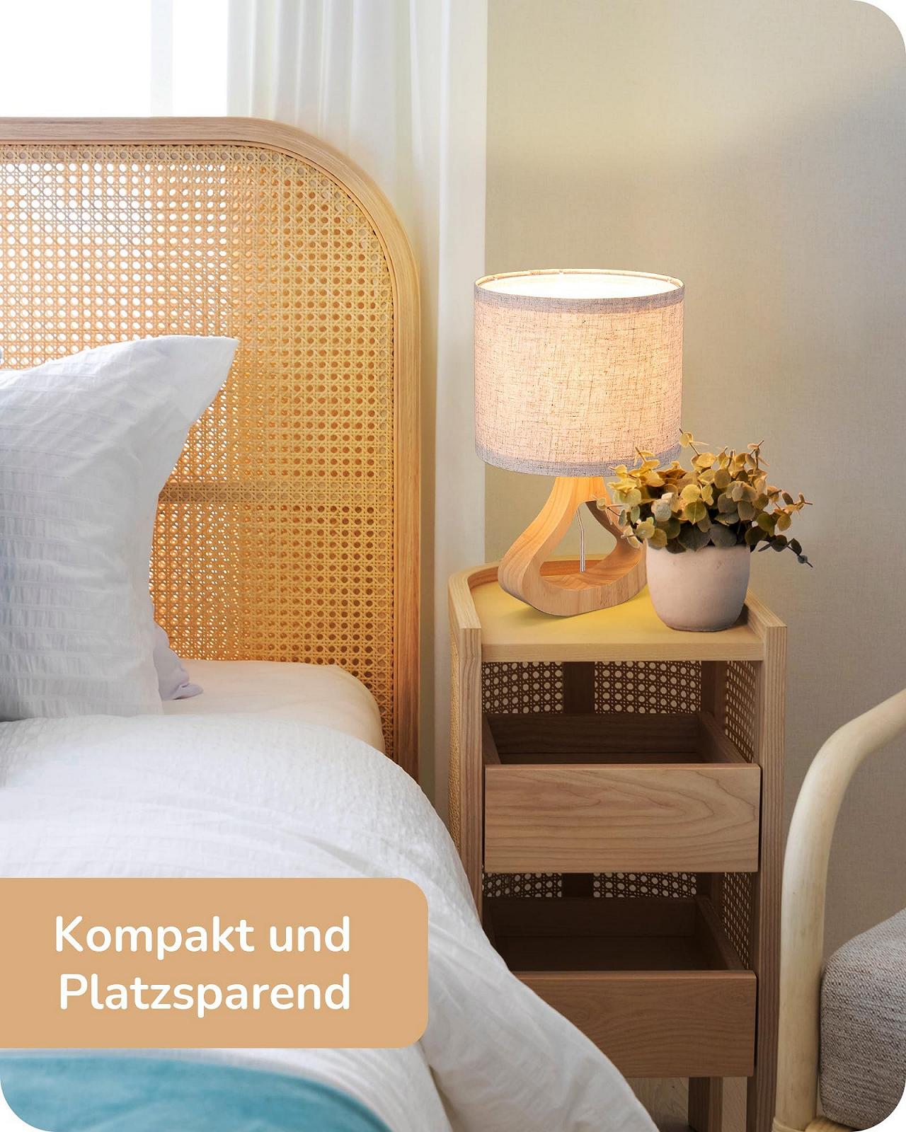 Настільна лампа EDISHINE дерев'яна E27 лляний абажур з кабелем вінтажна Клас F Бежева, фото №5