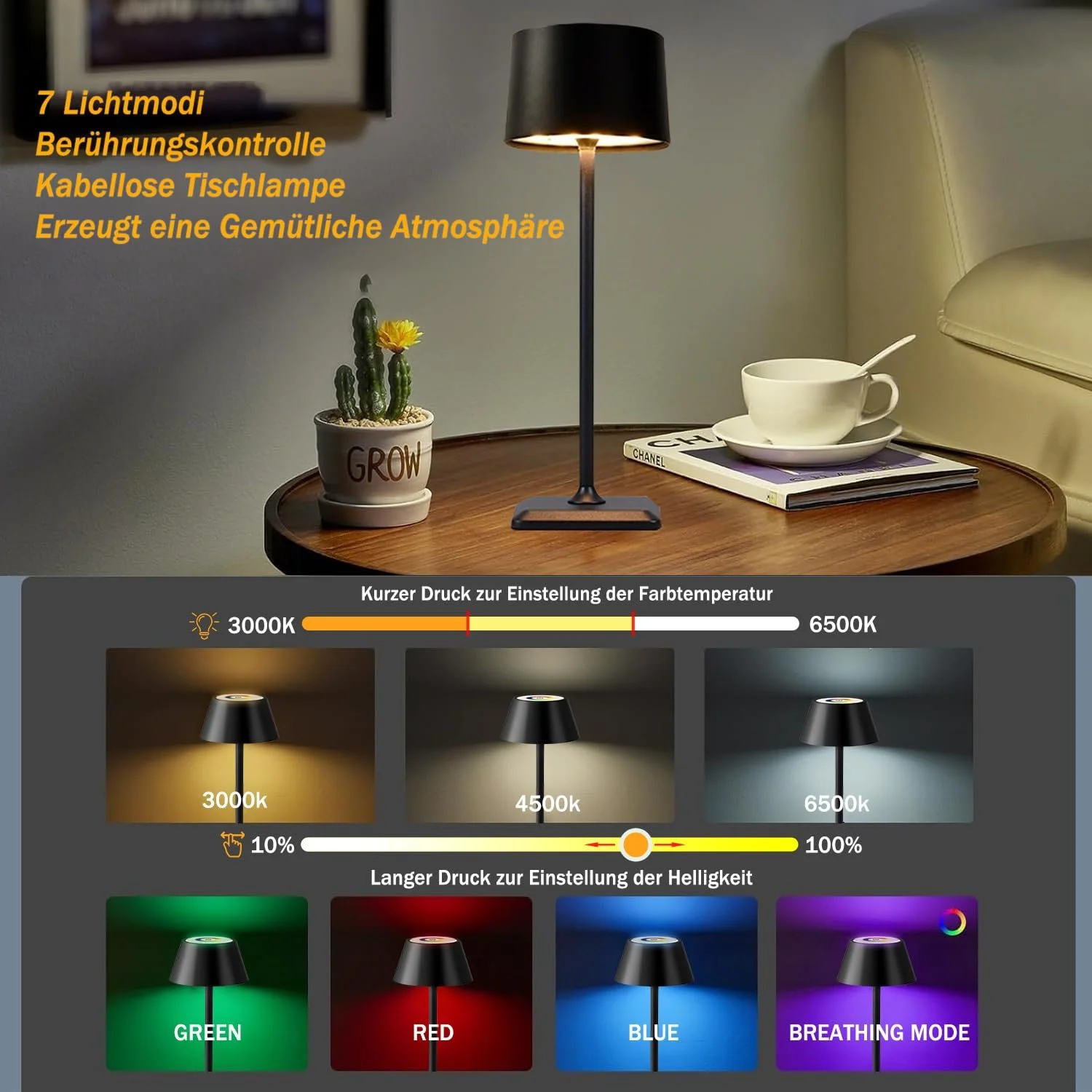 Настільна лампа LED Акумуляторна Бездротова RGB Сенсорна Метал IP54 Чорна, фото №2