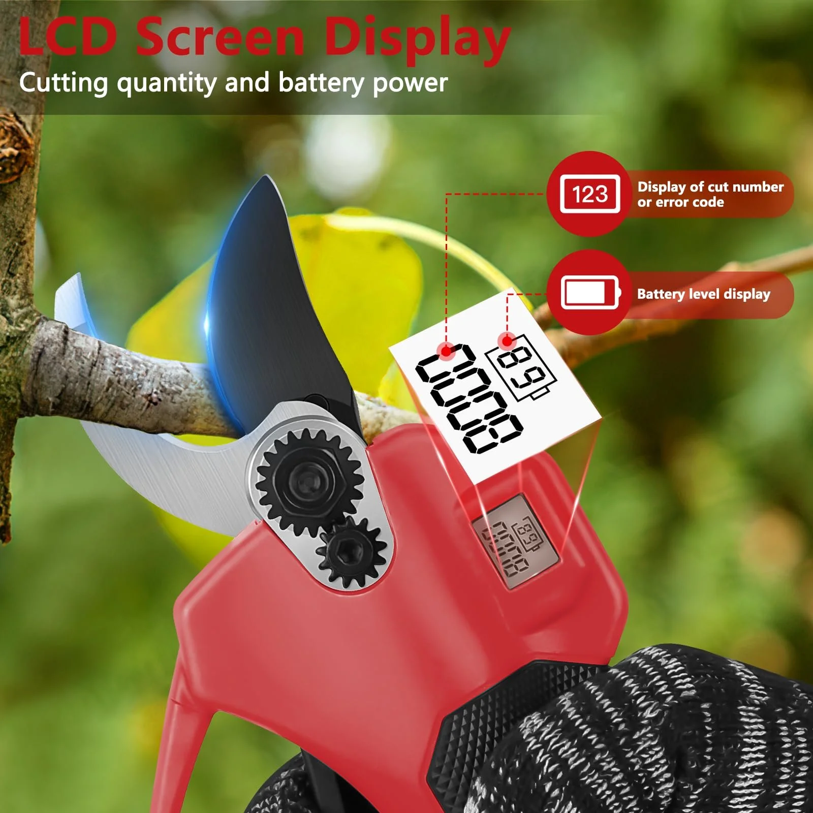 Секатор акумуляторний 40 мм з 2 акумуляторами 21 V 2000 mAh і набором запасних лез, РК-дисплей, безщітковий двигун, червоний, фото №4