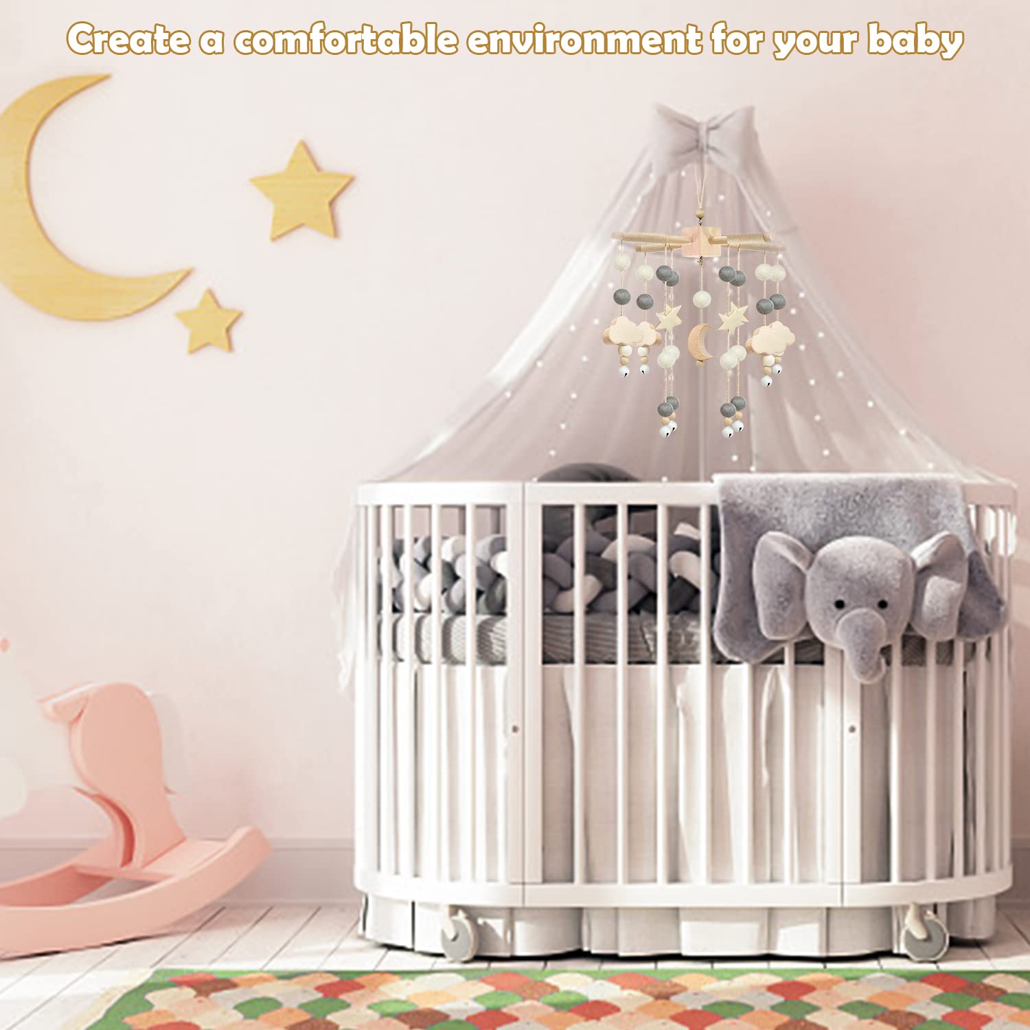 Мобиль Baby Baby Деревянный с фетровыми шариками Луна Звезды Подвеска для детской кроватки для девочки, фото №6