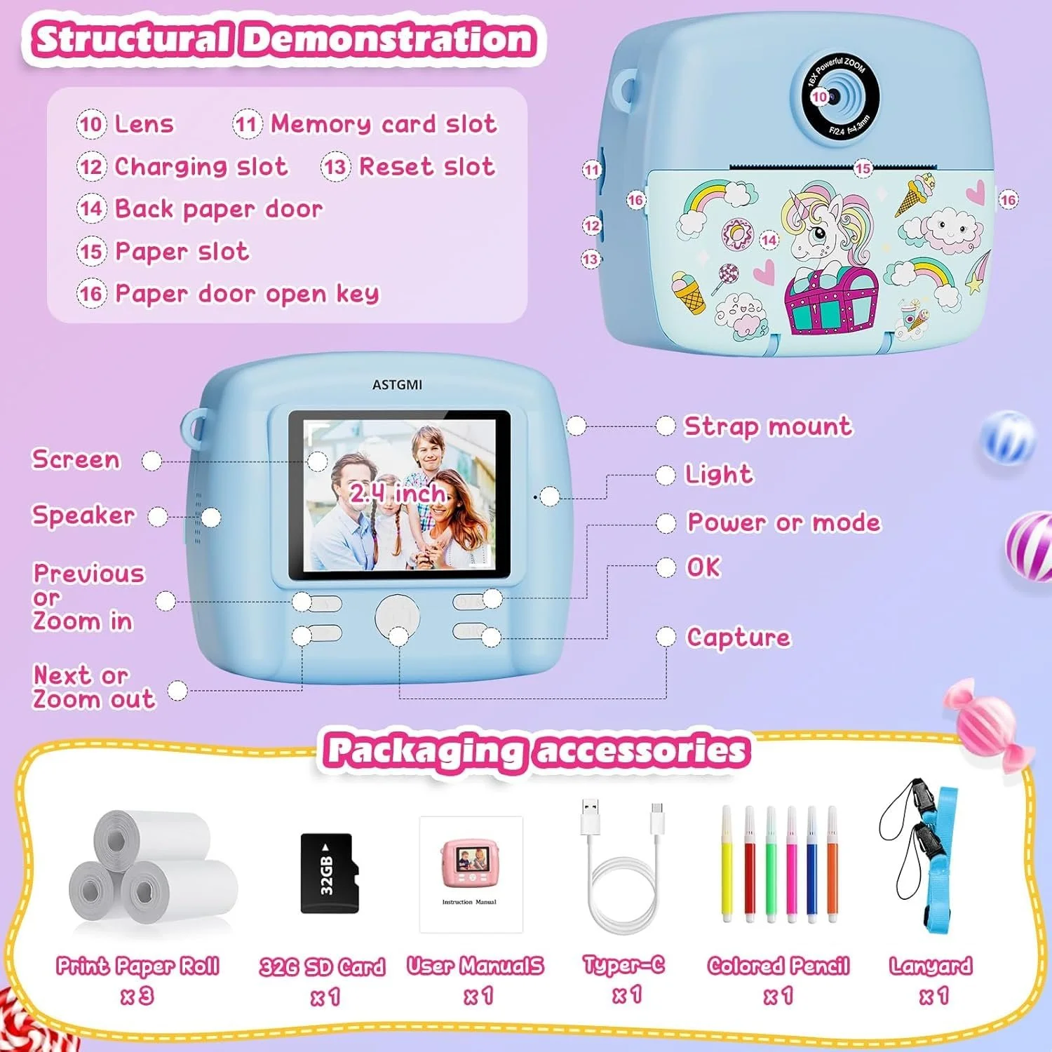 Детская фотокамера мгновенной печати 1080P HD 3 Rolls Photo Paper, фото №7