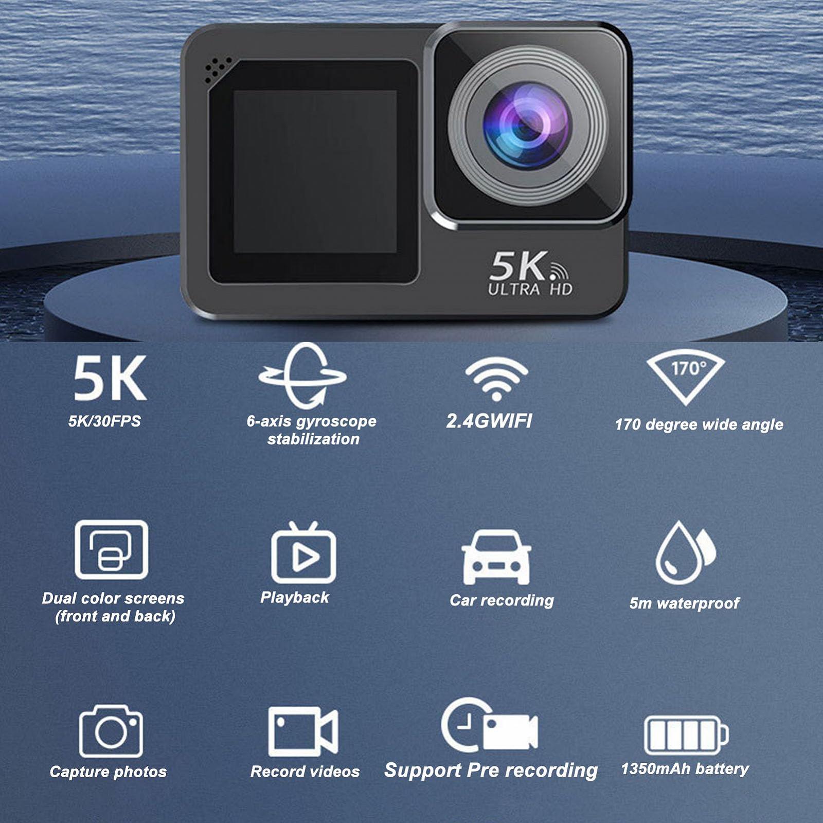 Камера Jectse 5K 30FPS WiFi Водонепроницаемая IP68 с двойным сенсорным экраном передний и задний встроенный микрофон 170° широкоугольная противоударная спортивная с сумкой, фото №2