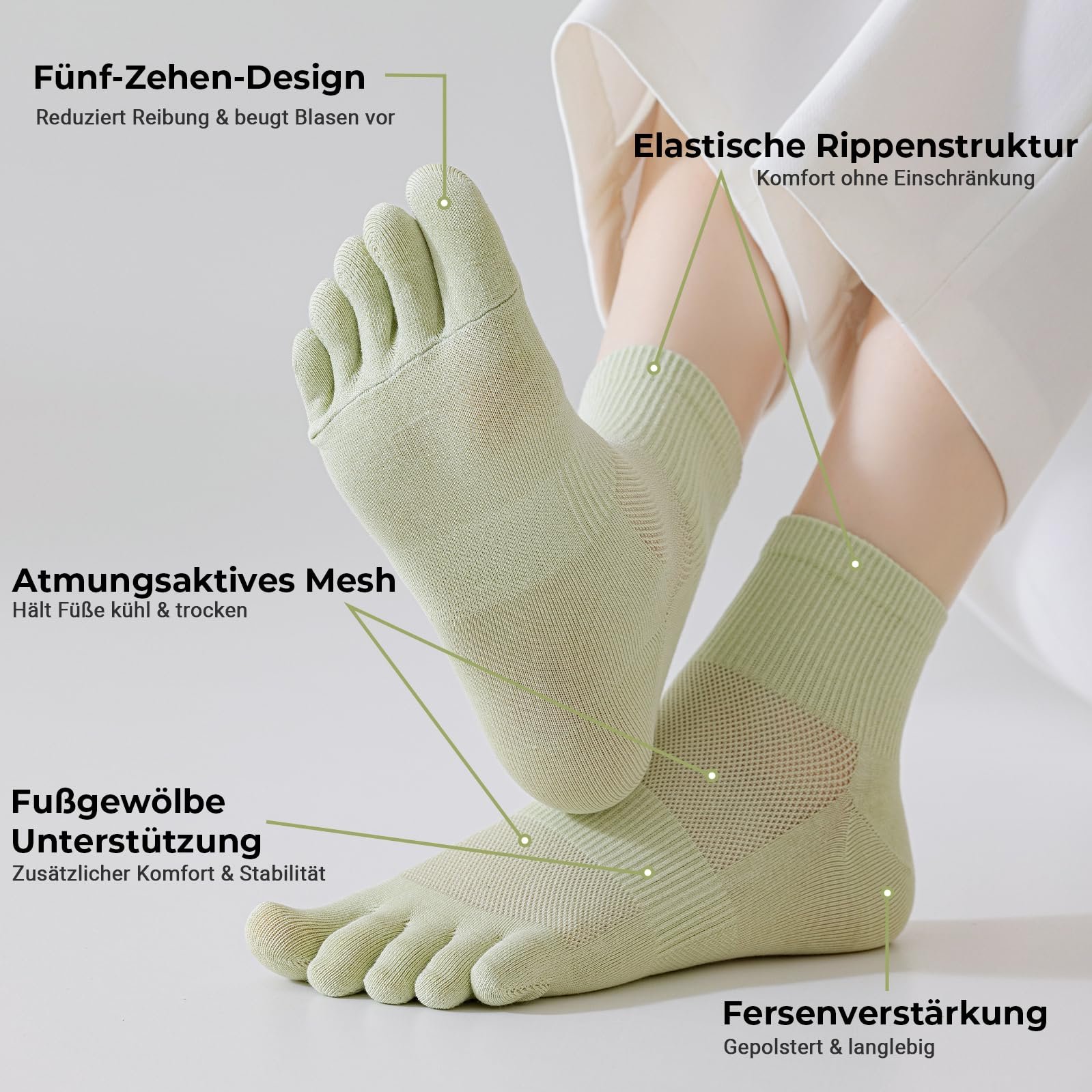 Дышащие хлопковые носки для пальцев ног Женские - Пятипальцевые носки для потных ног, разделение пальцев и лучшее кровообращение для йоги, пилатеса, фитнеса, дома и повседневной жизни, фото №3