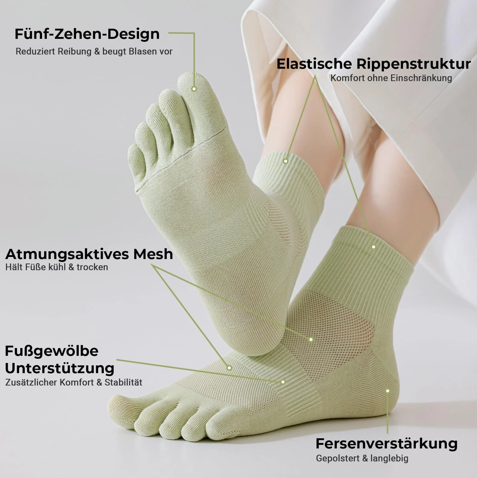 Дихаючі бавовняні шкарпетки П'ятипальцеві шкарпетки, фото №3