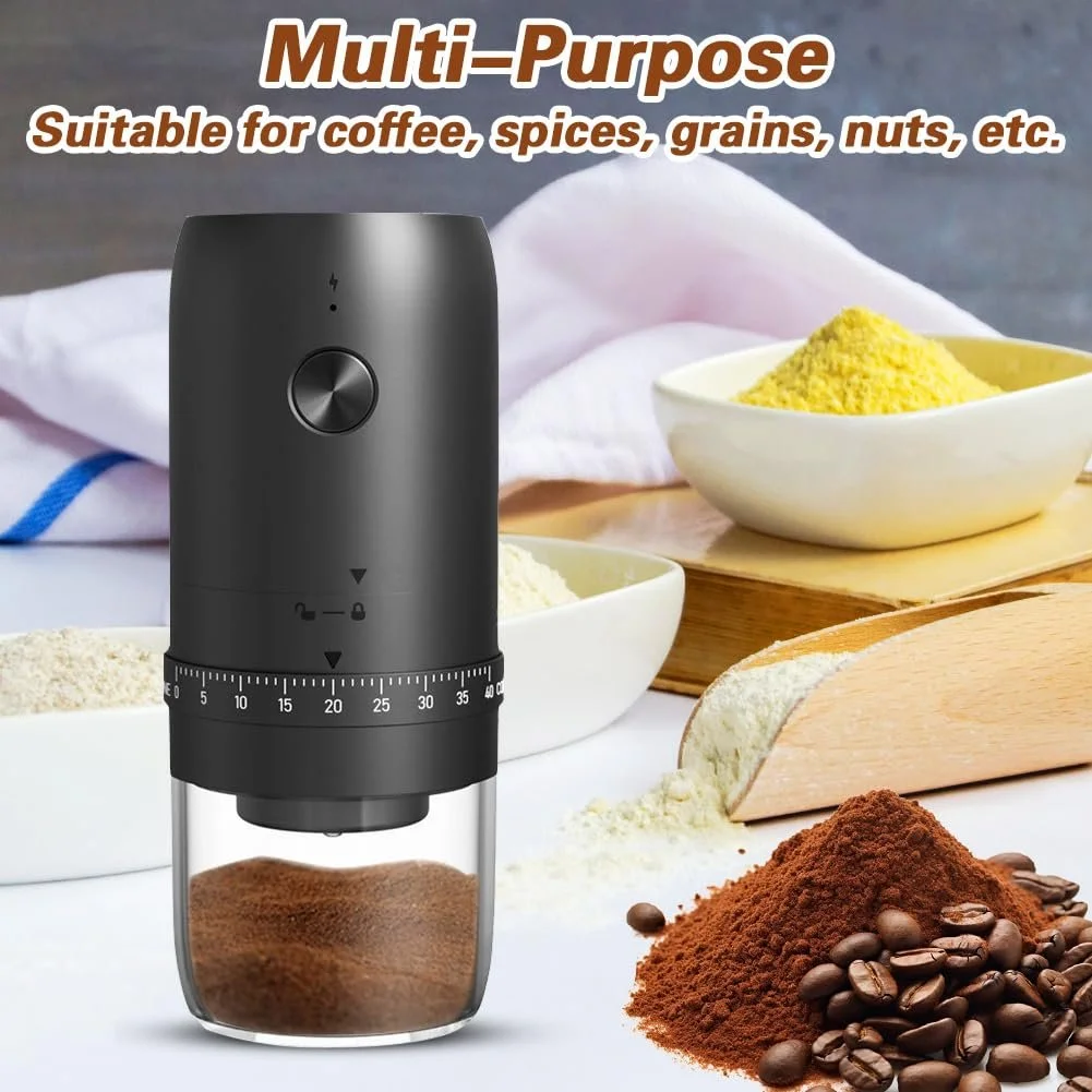 Электрическая кофемолка, портативная, маленькая , аккумуляторная, коническая , 40 настроек помола, электрическая с керамическим сердечником для кофейных зерен, фото №7