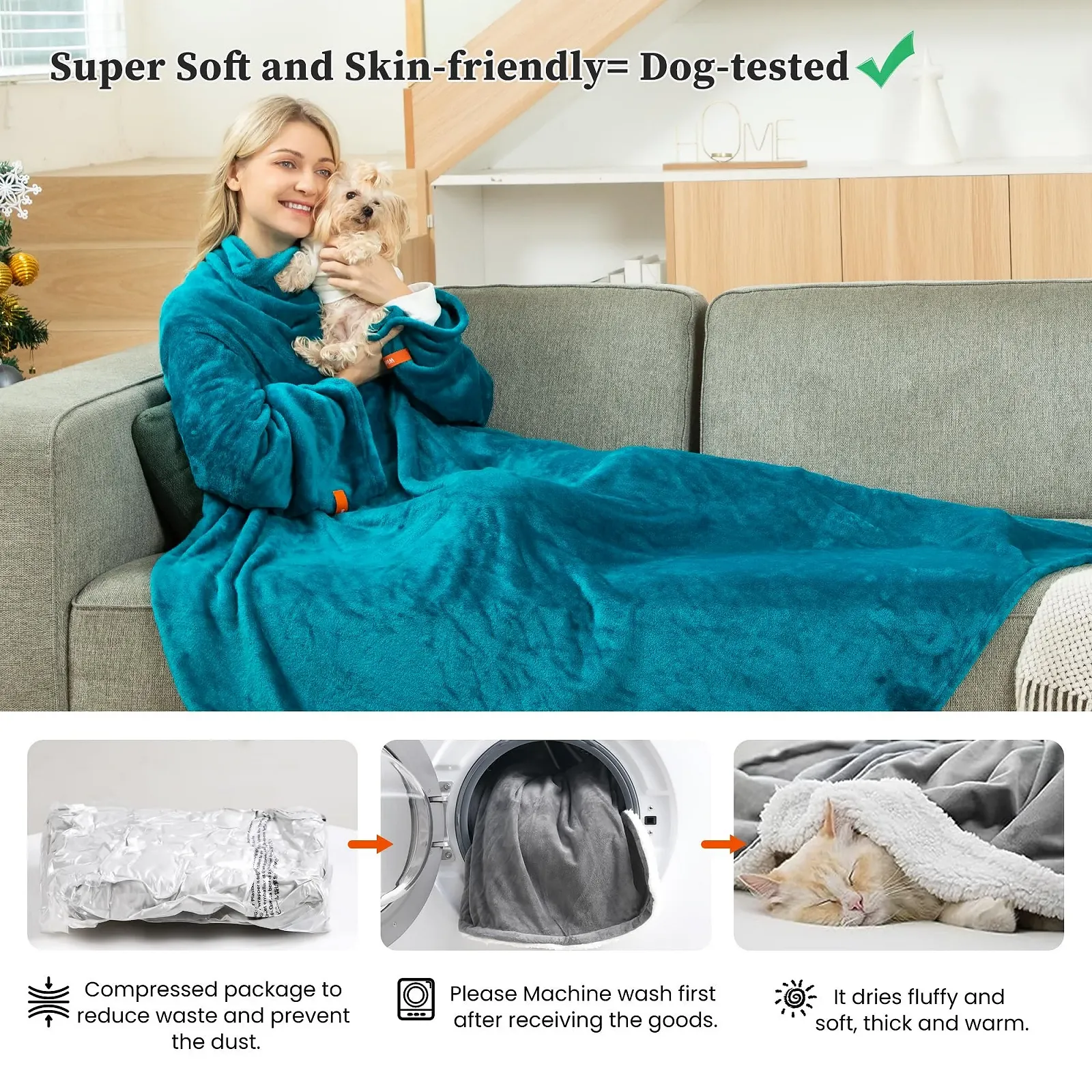 Плед з рукавами Winthome М'який Теплий Зелений 140 x 180 см, фото №3